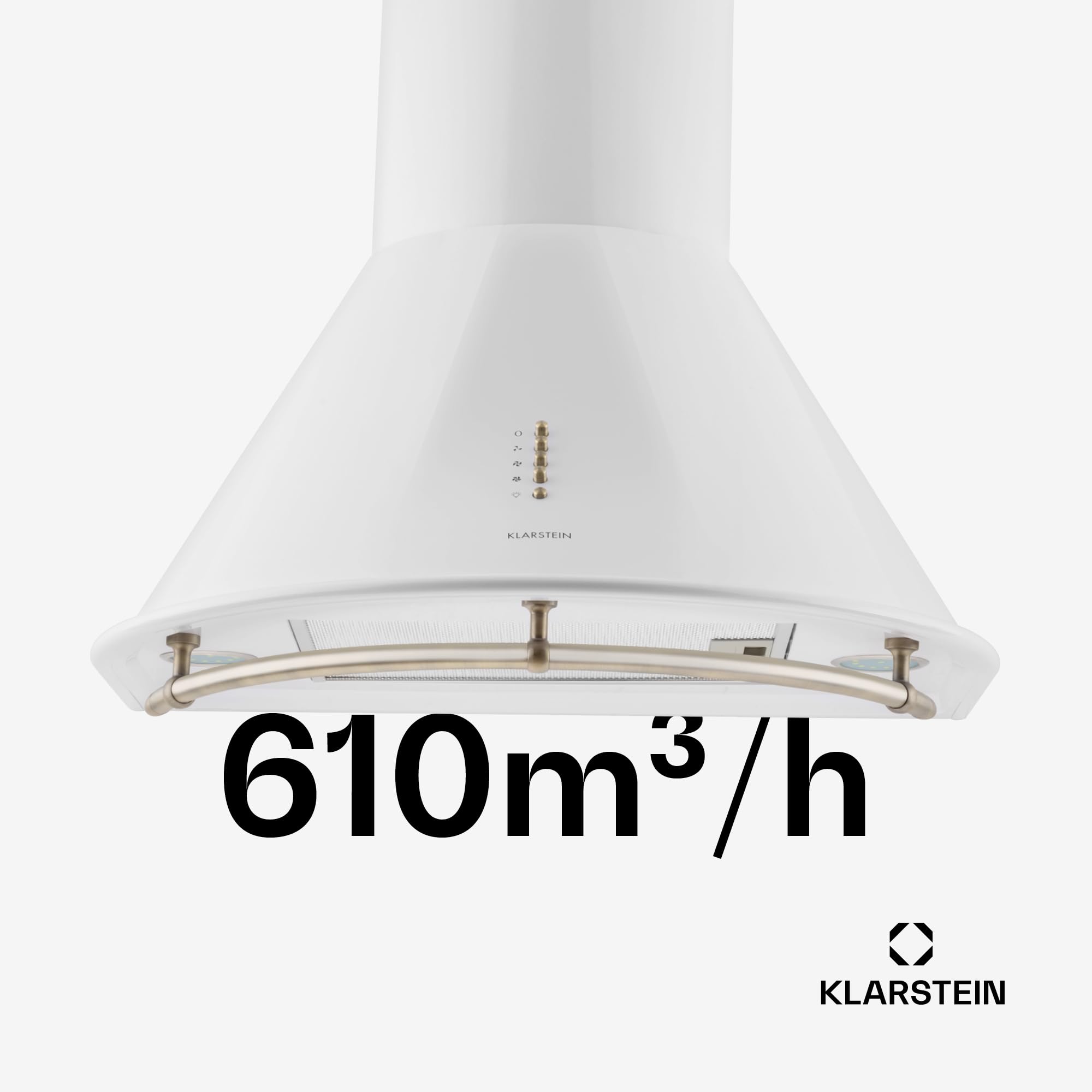 KLARSTEIN Lumio Neo - Hotte Murale aspirante Style rétro avec Rail pour accrocher ustensiles (60cm, Extraction 610m³, Mode Recyclage Possible, 3 Vitesses) - Blanc
