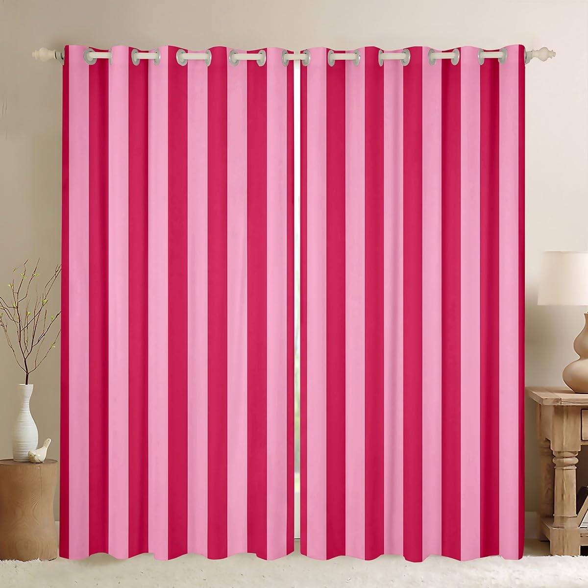 Homemissing Rose Pink Red Curtain for Kids Boys Girls Abstract Stripes Window Drapes (2 Panels, W66*L90) Geometric 30%-50% Blackout Shades Bedroom Decor Breathable Soft Microfiber Modern