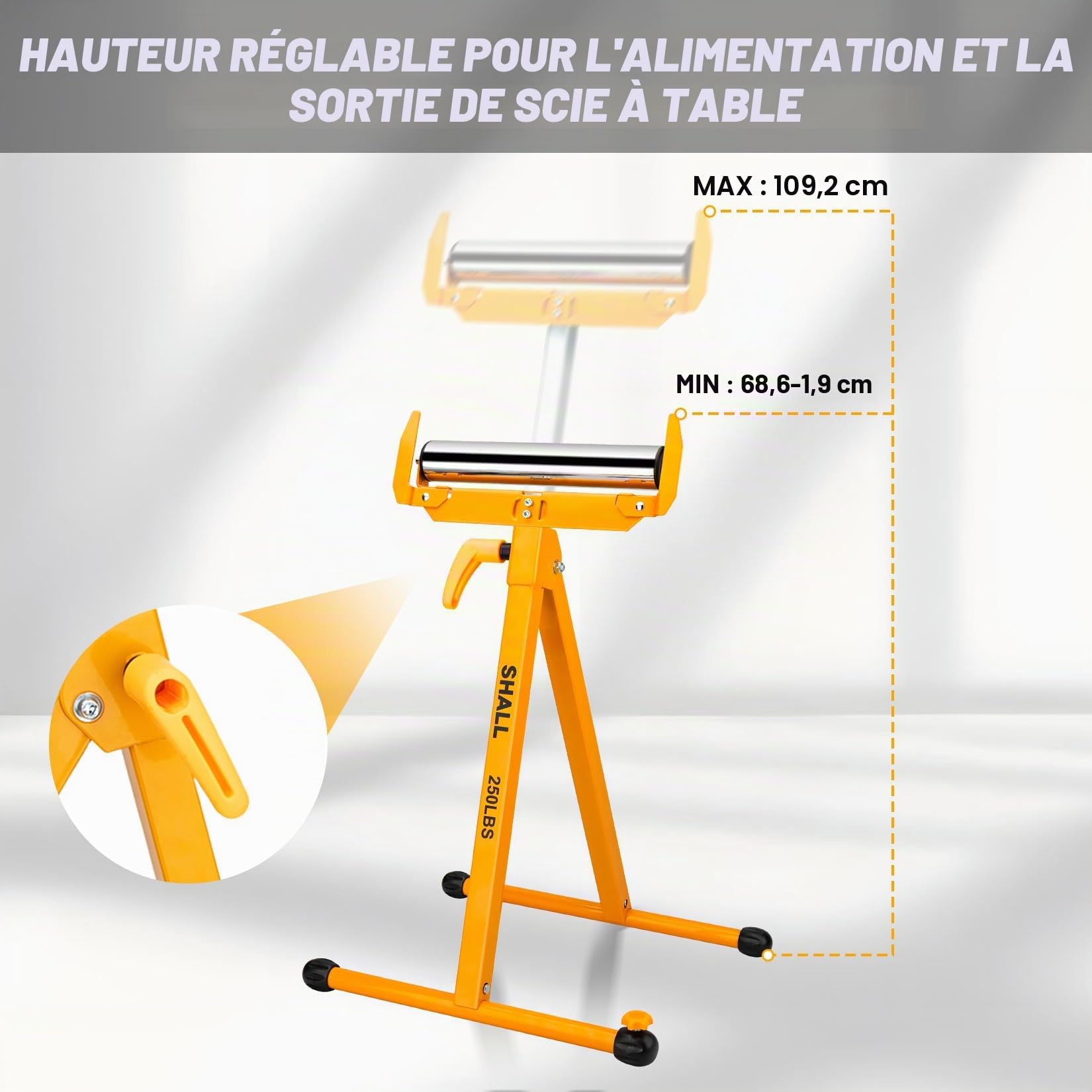 Shall Lot de 2 supports à rouleaux pliants – Capacité de charge de 113,4 kg – Hauteur réglable de 70 à 109 cm – Pour sciage à table – Travail du bois