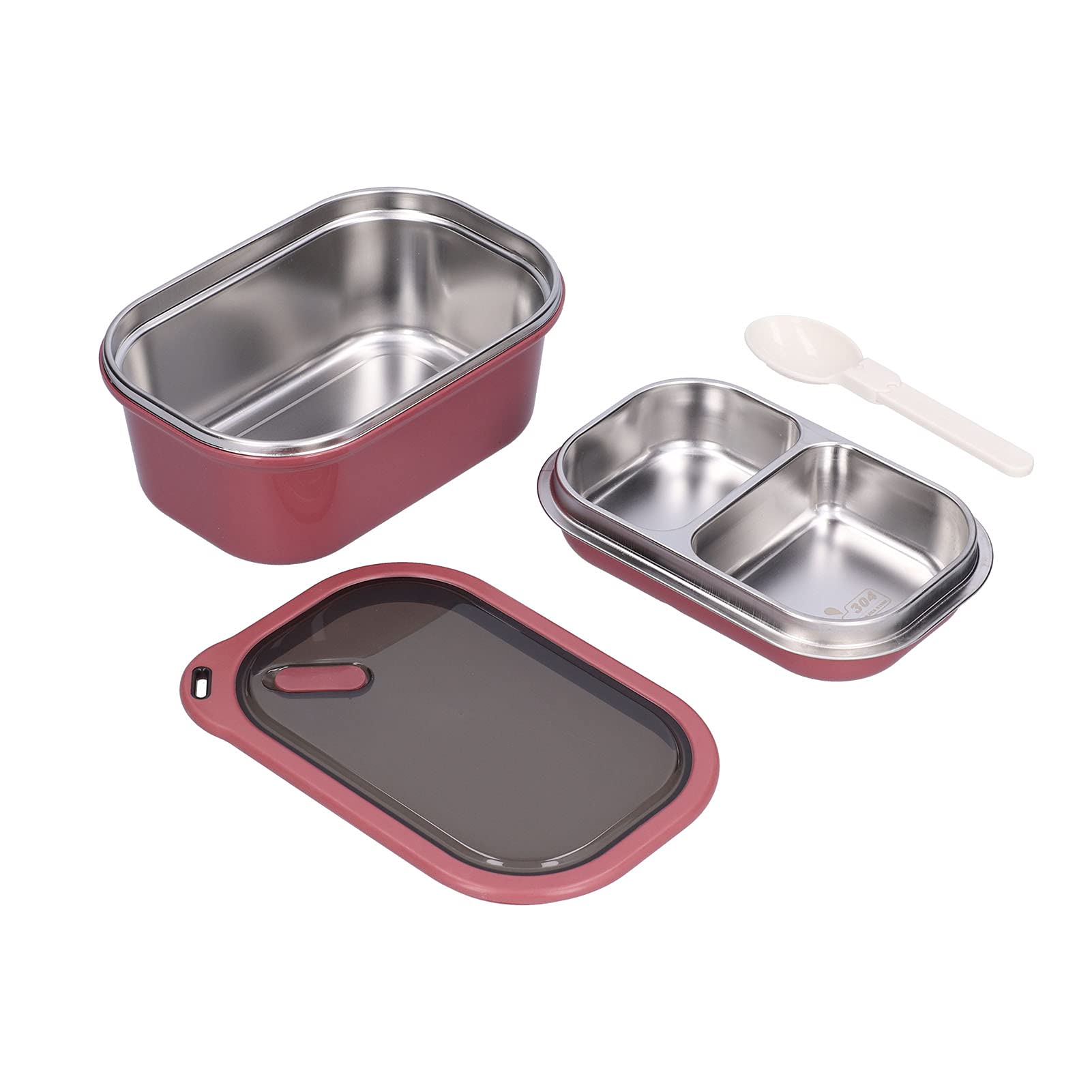 Tiiyee 1.2L Stainless Steel Double Layer Bento Box, Leakproof w/Spoon Red