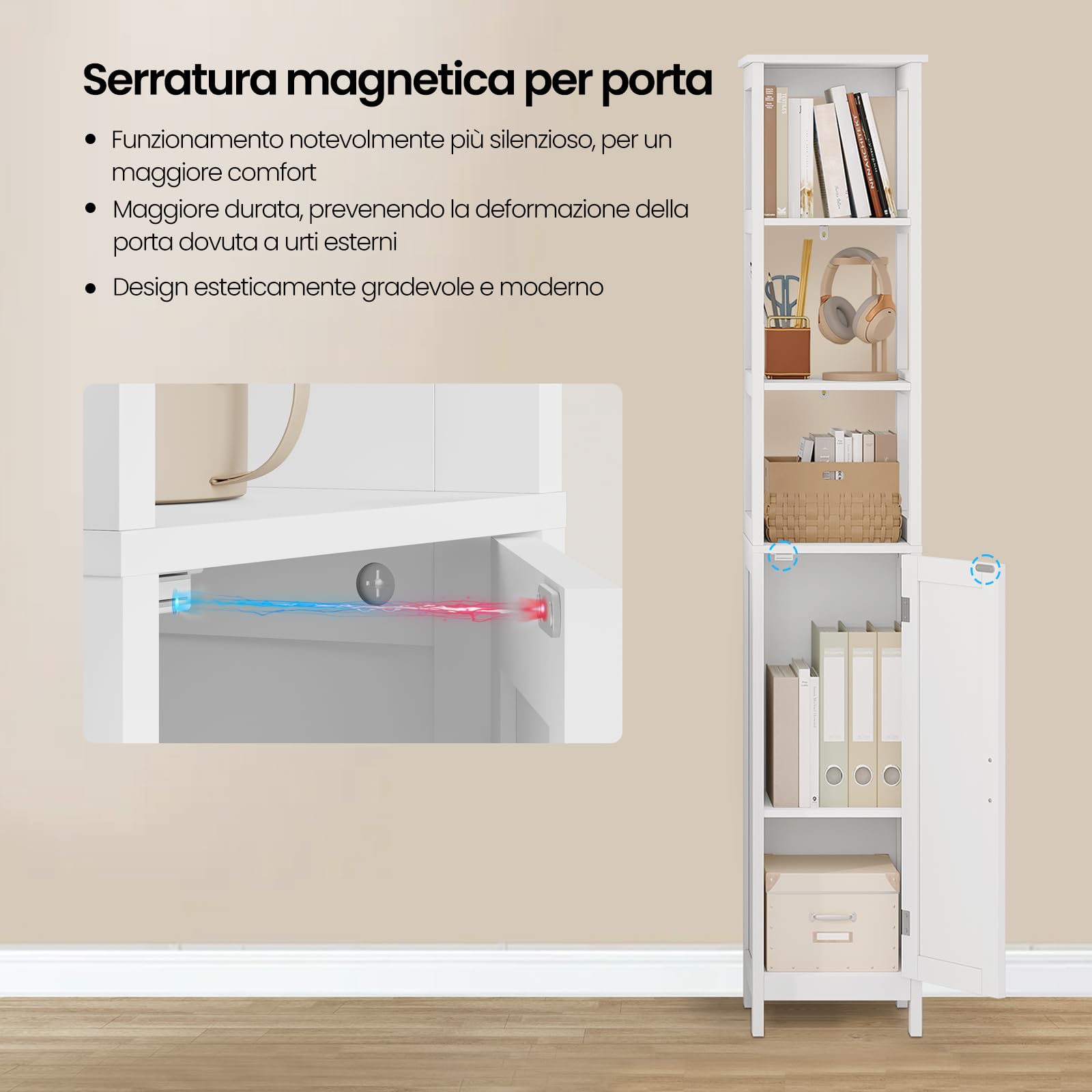 EUGAD Mobile Alto da Bagno, Mobiletto da Bagno, con 3 Scomparti Aperti, 30x30x163 cm, Portaoggetti, Mobiletto Salvaspazio Stretto, per Bagno, Soggiorno, Studio e Ufficio, Bianco 002WDG