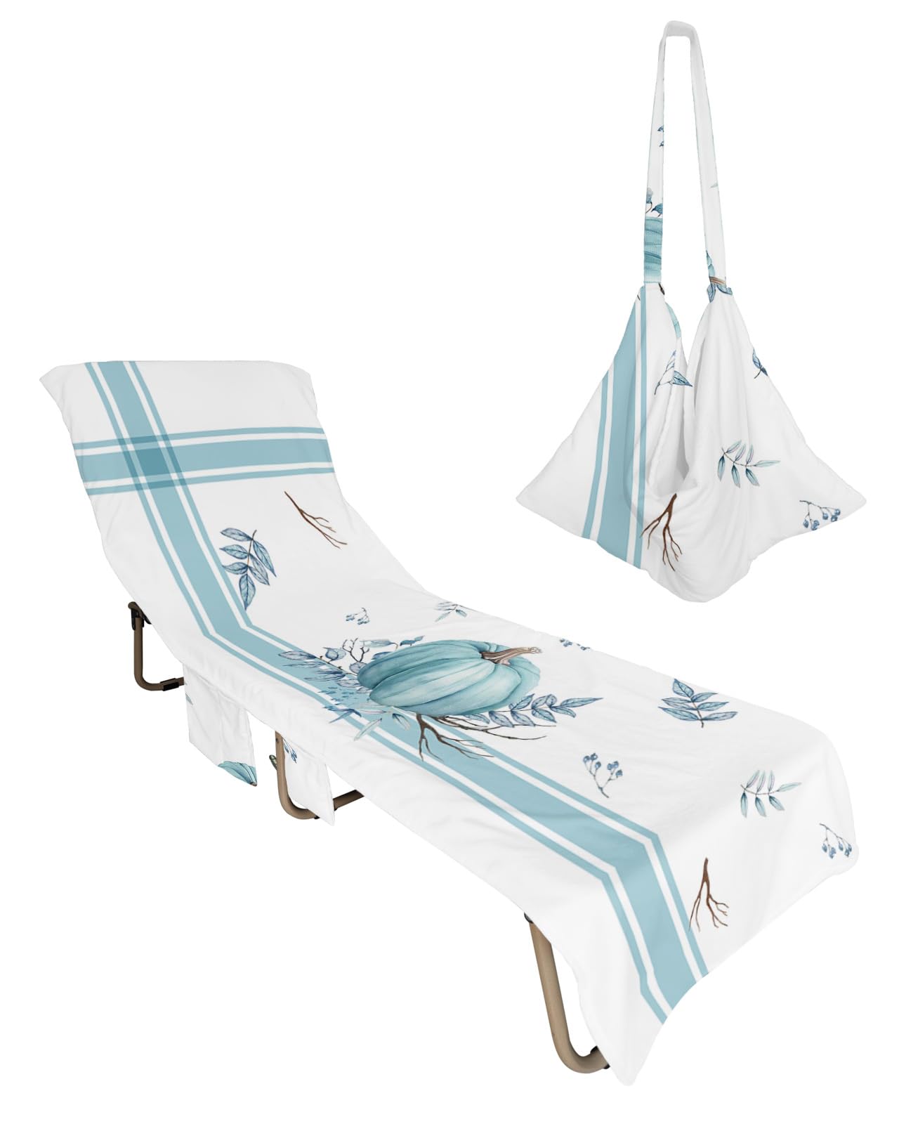 Blue Pumpkins Fall Beach Lounge Chair Towel Cover, Soft Chaise Lounge Towel with Side Pockets Patio Pool Chairs Cover for Beach/Pool Sunbathing 29x85 Thanksgiving Maple Leaf Blue Striped
