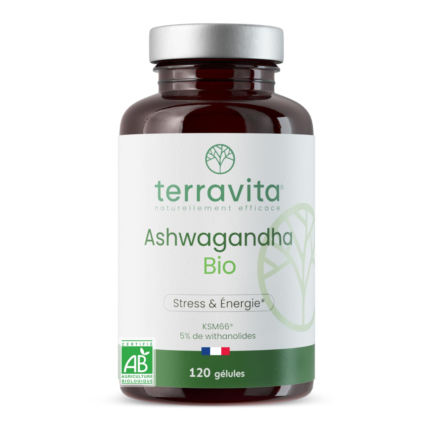 Ashwagandha Bio KSM-66® | Dosage Extra Fort 1200 mg | 120 Gélules Vegan | 5% de Withanolides | Sommeil, Vitalité, Stress & Mémoire | Sans Excipients Controversés | Made in France | Terravita