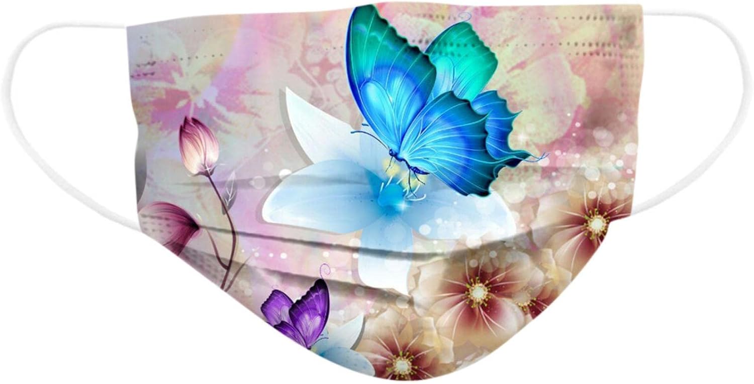 BOFFO 50 Pack Butterfly Pattern Face_Masks with 3 Layer Face Filter Elastic Earloop, Breathable with Butterfly Print for Adult (Multicolored6)