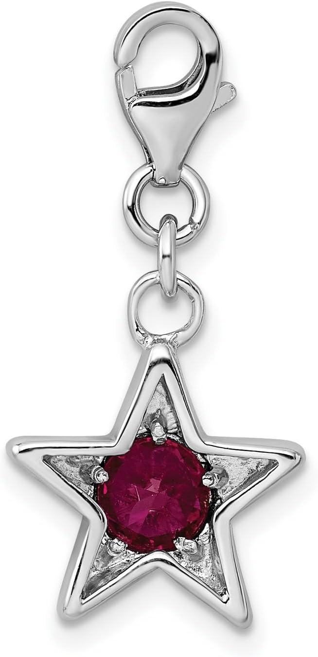 Sterling Silver Star Charm with Lobster Clasp, Red Cubic Zirconia Center, July Birthstone Pendant for Necklace or Bracelet, Celestial Dangle Jewelry for Women