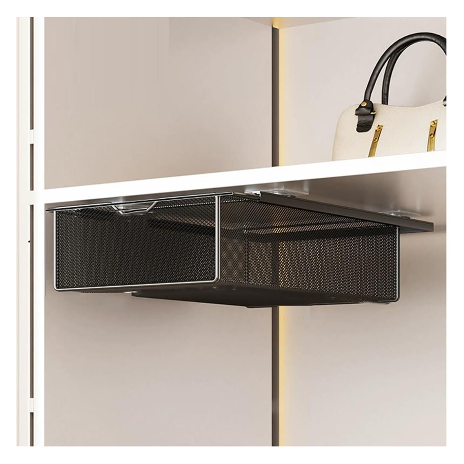 Paniers de placard coulissants en maille métallique peu encombrante – Installation sans perçage pour la maison, la salle de bain, l'armoire, le garde-manger et solution de rangement pour linge de