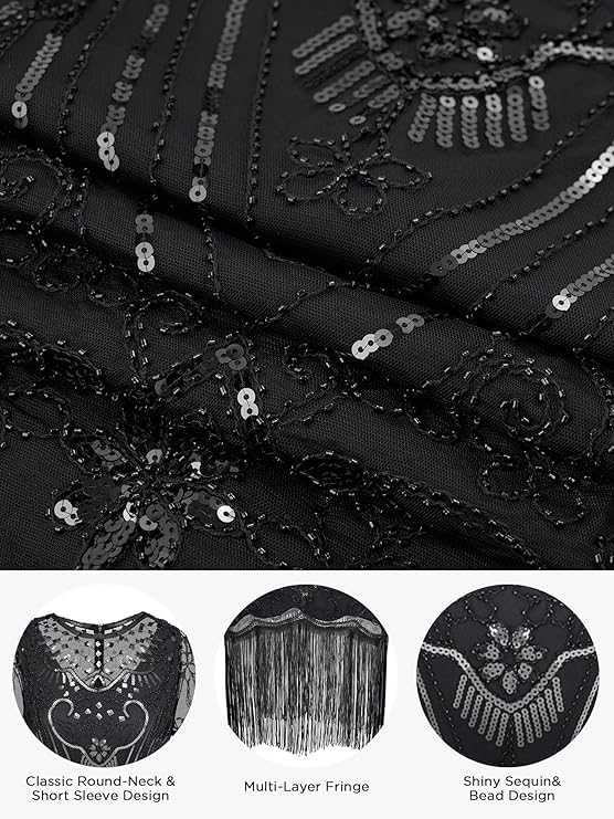 867A - Plus Size 1920s Vintage Fringed Gatsby Sequin Beaded Tassels Hem Flapper Party Prom Cocktail Dress with Accessories4