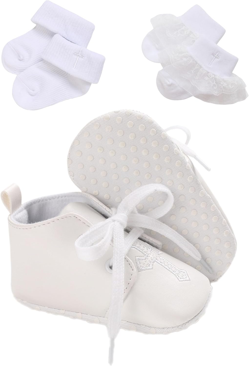 TJCONETJC Baby Baptism Shoes & Socks, Boys Girls Infant Toddler, Soft Sole White Christening Sneaker Socks, 3PC