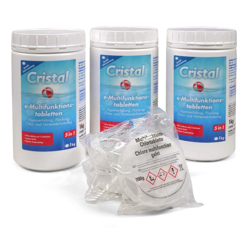 Cristal Multitabs E-Chlor 200g - 3 kg Poolpflege-Set - 5 in 1 Langzeit-Chlortabletten für sauberes und kristallklares Wasser - Für Pools ab 25m³