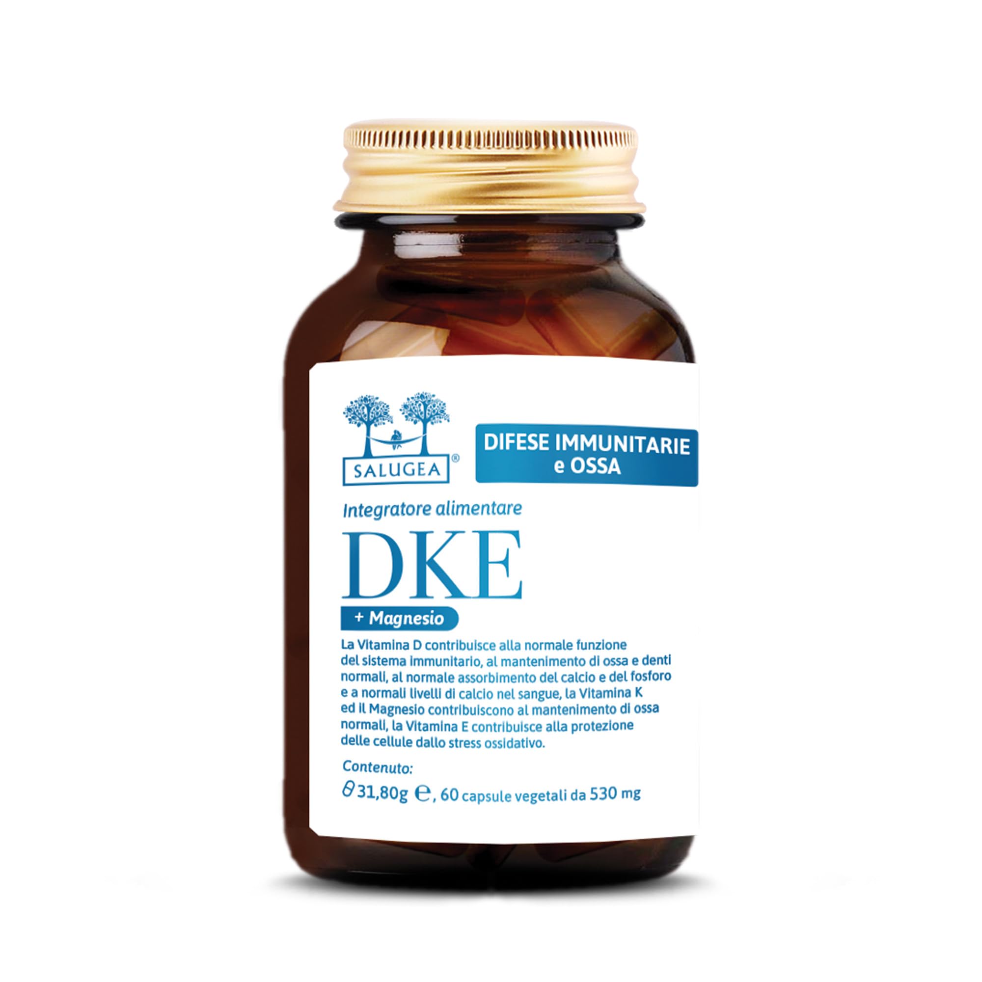 DKE + Magnesio Salugea - Integratore di Vitamine D3, K2, E e Magnesio - 100% Naturale - 60 Capsule Vegetali - Flacone in Vetro Scuro Farmaceutico