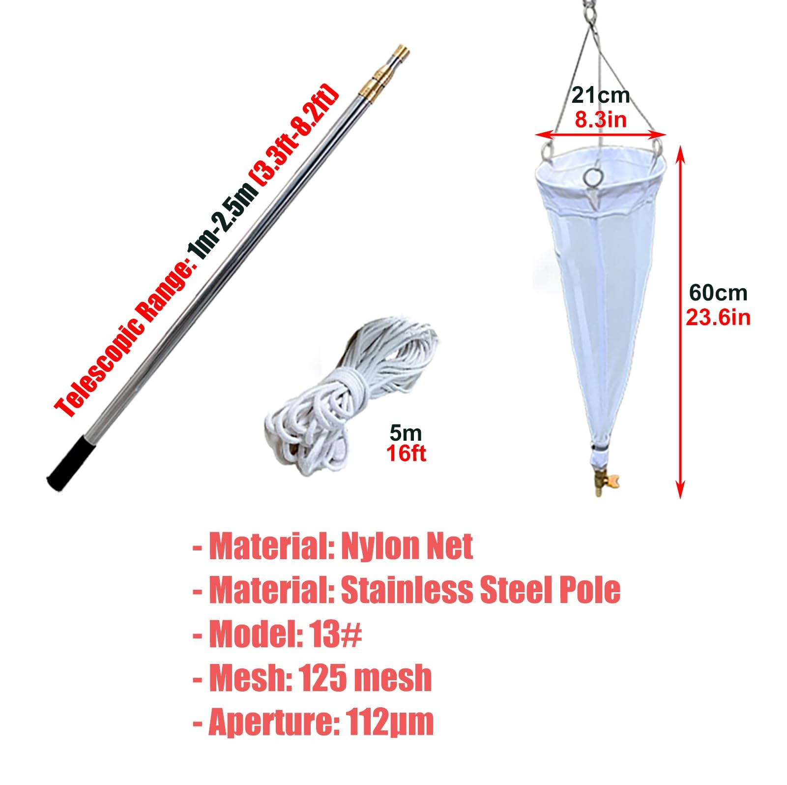 Plankton Net – 125/200 Mesh Fine Net For Collecting Phytoplankton & Zooplankton, 21cm Diameter, With Stainless Ring & Tube