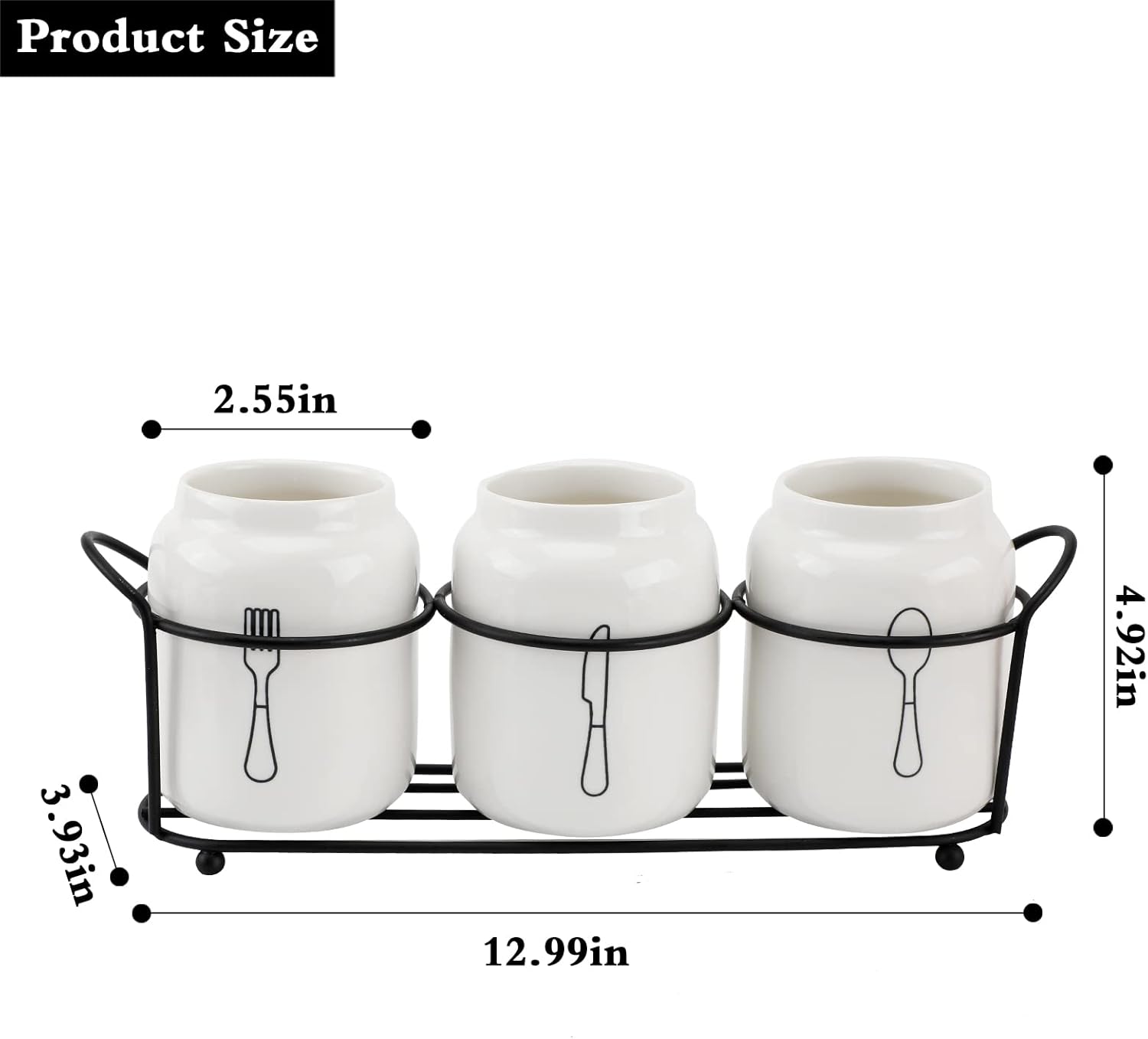 4 Piece Silverware Holder for Organizer Countertop White Ceramic Silverware Caddy with Black Metal Rack, Fork Spoon Utensil Holder Flatware Organizers Cutlery Storage for Kitchen Tabletop Cabinet