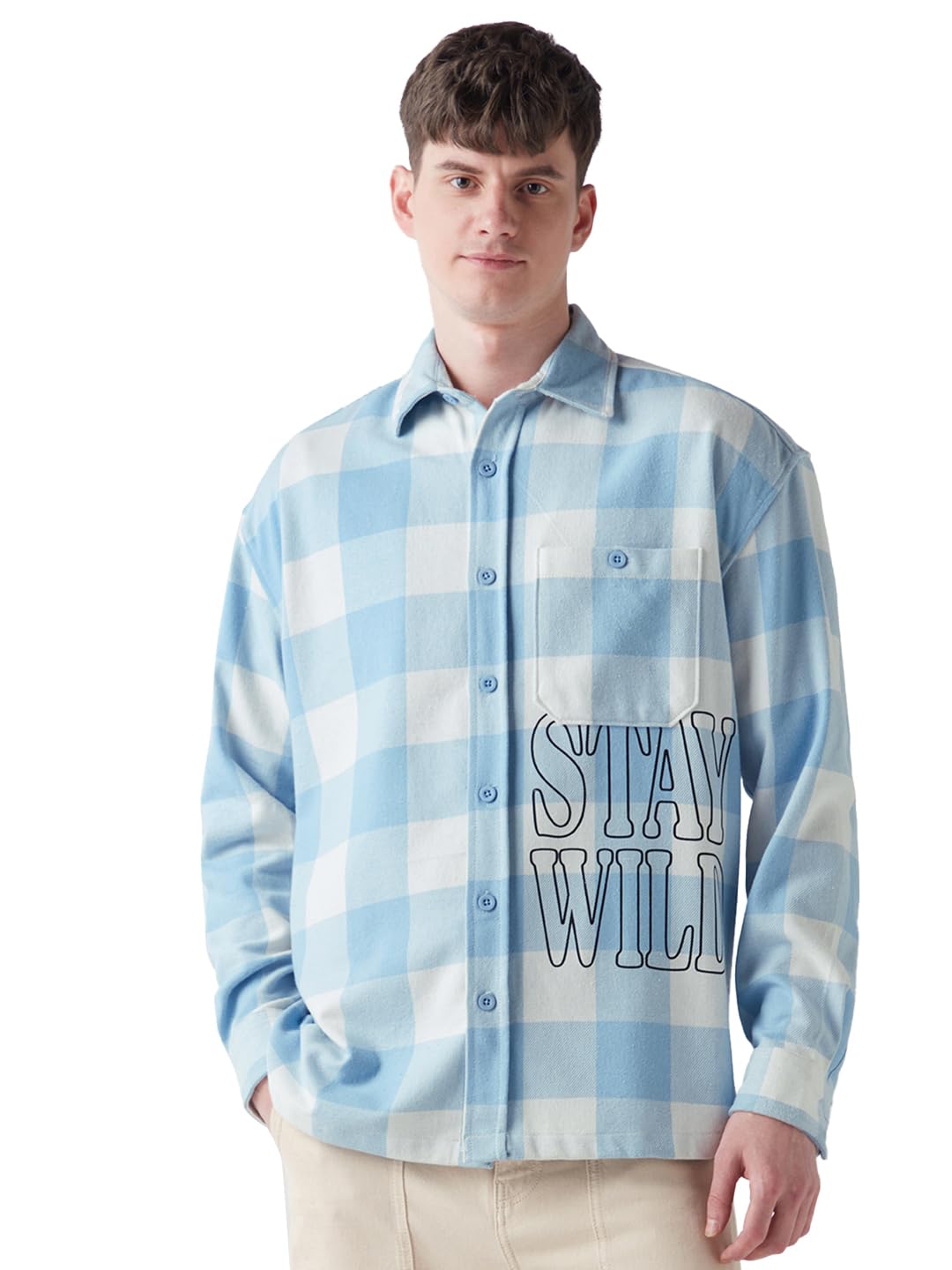 Bewakoof Men Checked Oversized Fit Full Sleeve Collar Cotton Shirt in neutral