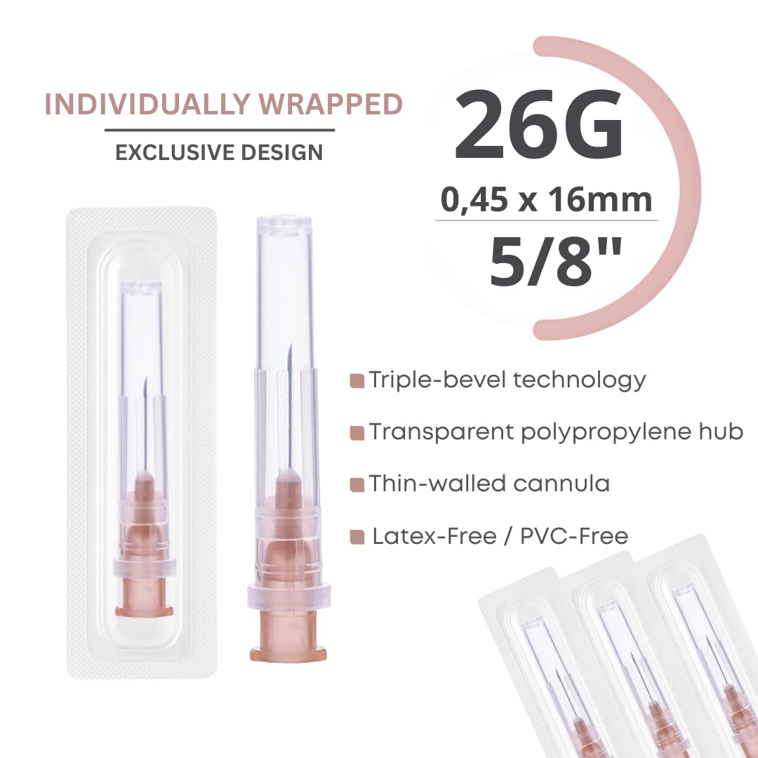 Lot de 100 tubes de dosage en acier inoxydable 26 G x 16 mm, emballés individuellement, pour l'industrie et le laboratoire