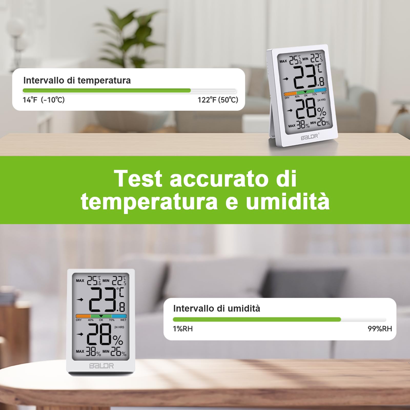 Termo-igrometro digitale per interni con grande schermo LCD, registrazione dei valori max./min., monitoraggio della temperatura e dell'umidità, commutazione °C/°F, indicatore di comfort