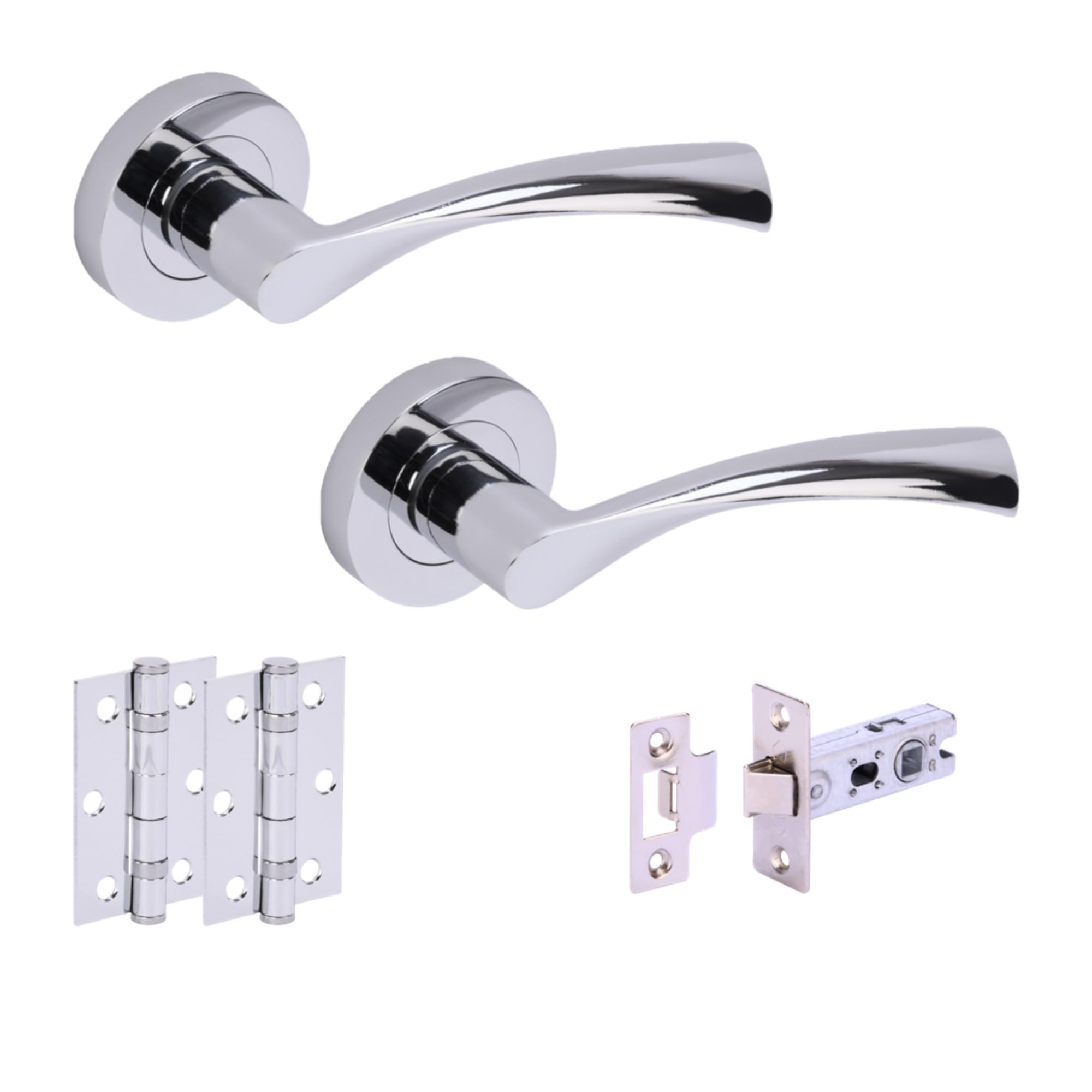 Hunta Polished Chrome Handlezone® Lobo Internal Door Handle Latch Pack, Complete With Lever On Rose Handles, 76Mm Latch, 75Mm Ball Bearing Hinges