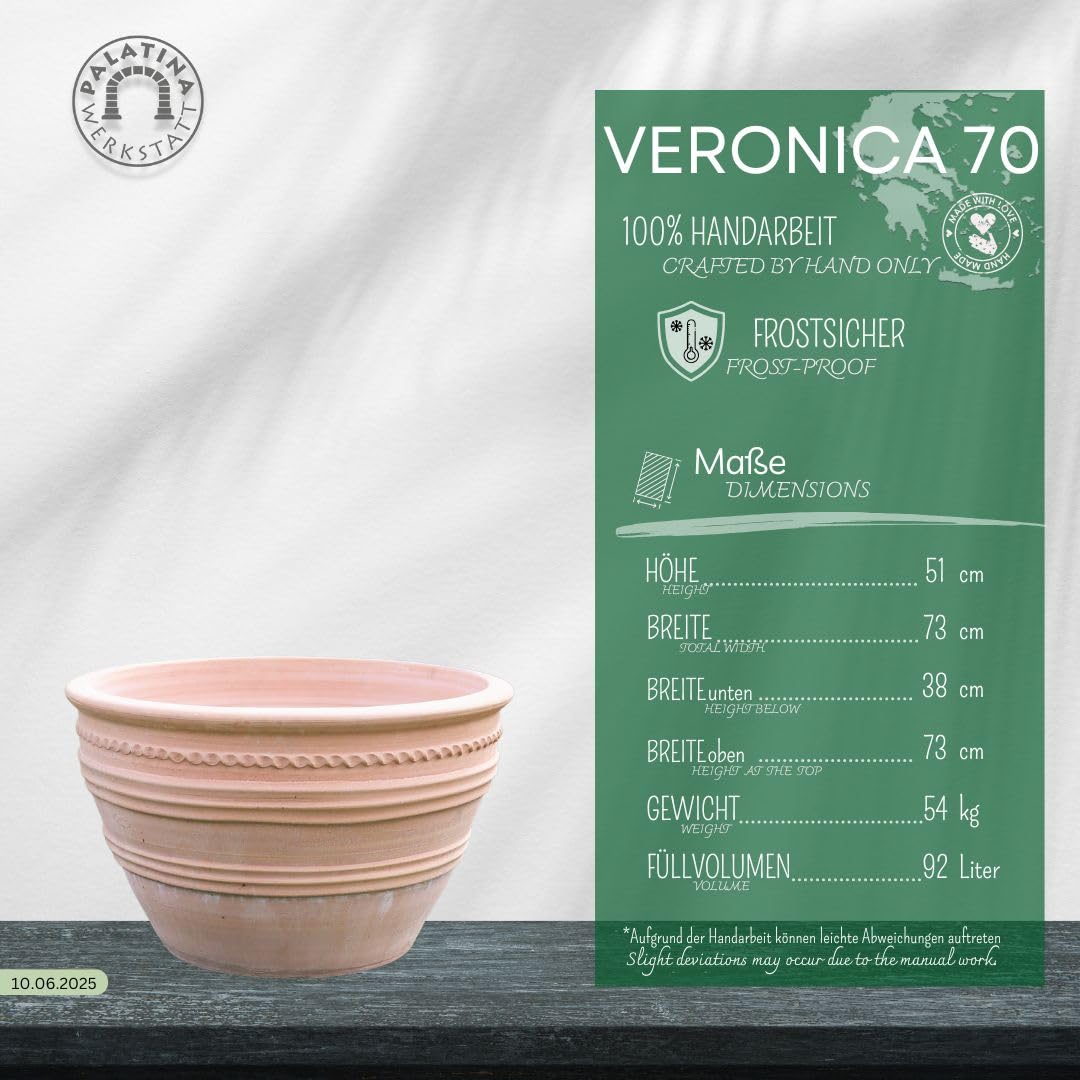 Palatina Werkstatt Duża doniczka z terakoty Veronica 70 cm – 100% ręcznie wykonana donica z terakoty do ogrodu i wewnątrz – wytrzymała i stylowa o każdej porze roku