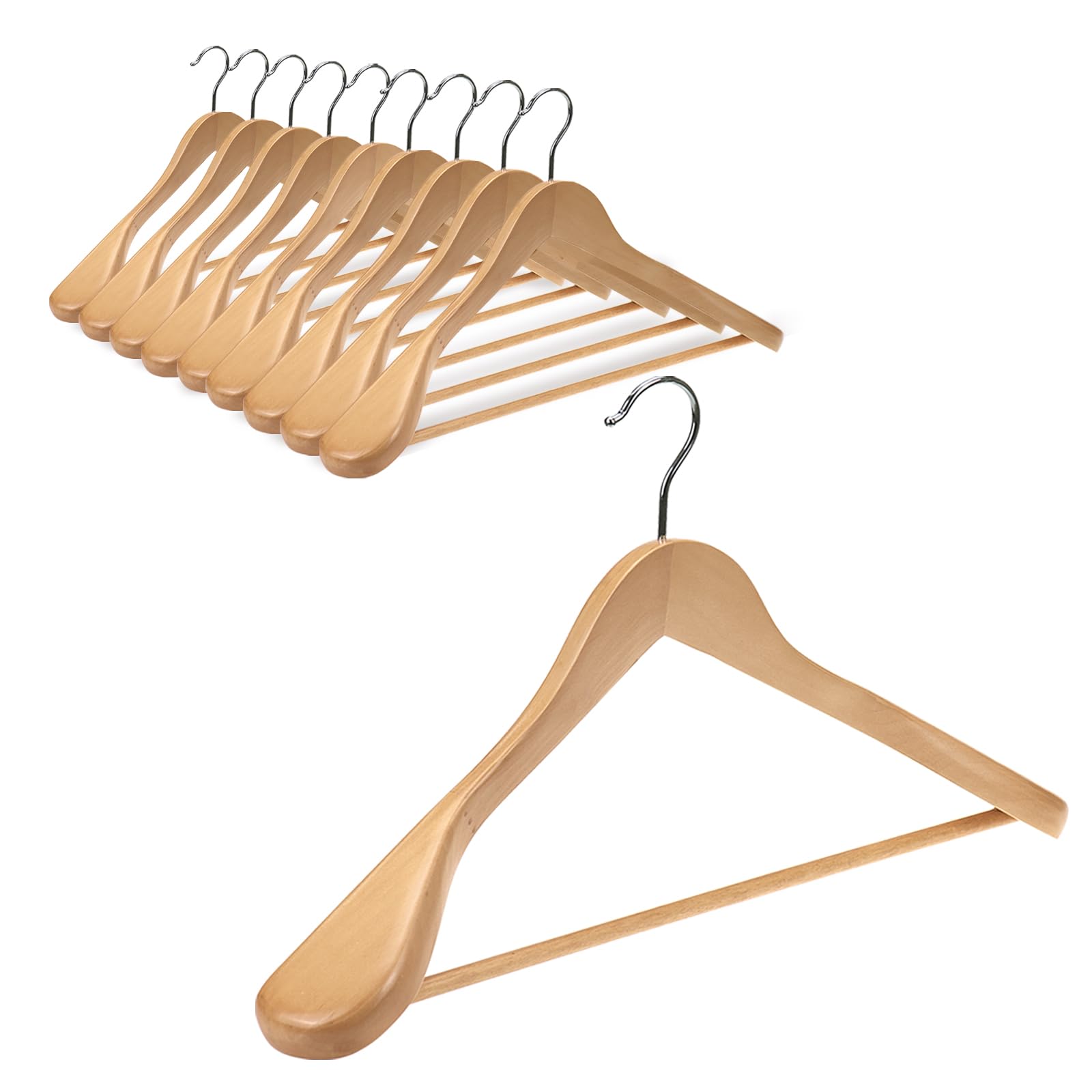Hangerman Lot de 10 Cintres de Luxe en Bois Massif Naturel 44.5cm, de Épaules Larges, pour Manteau Costume Veste, avec Barre Ronde Antidérapante