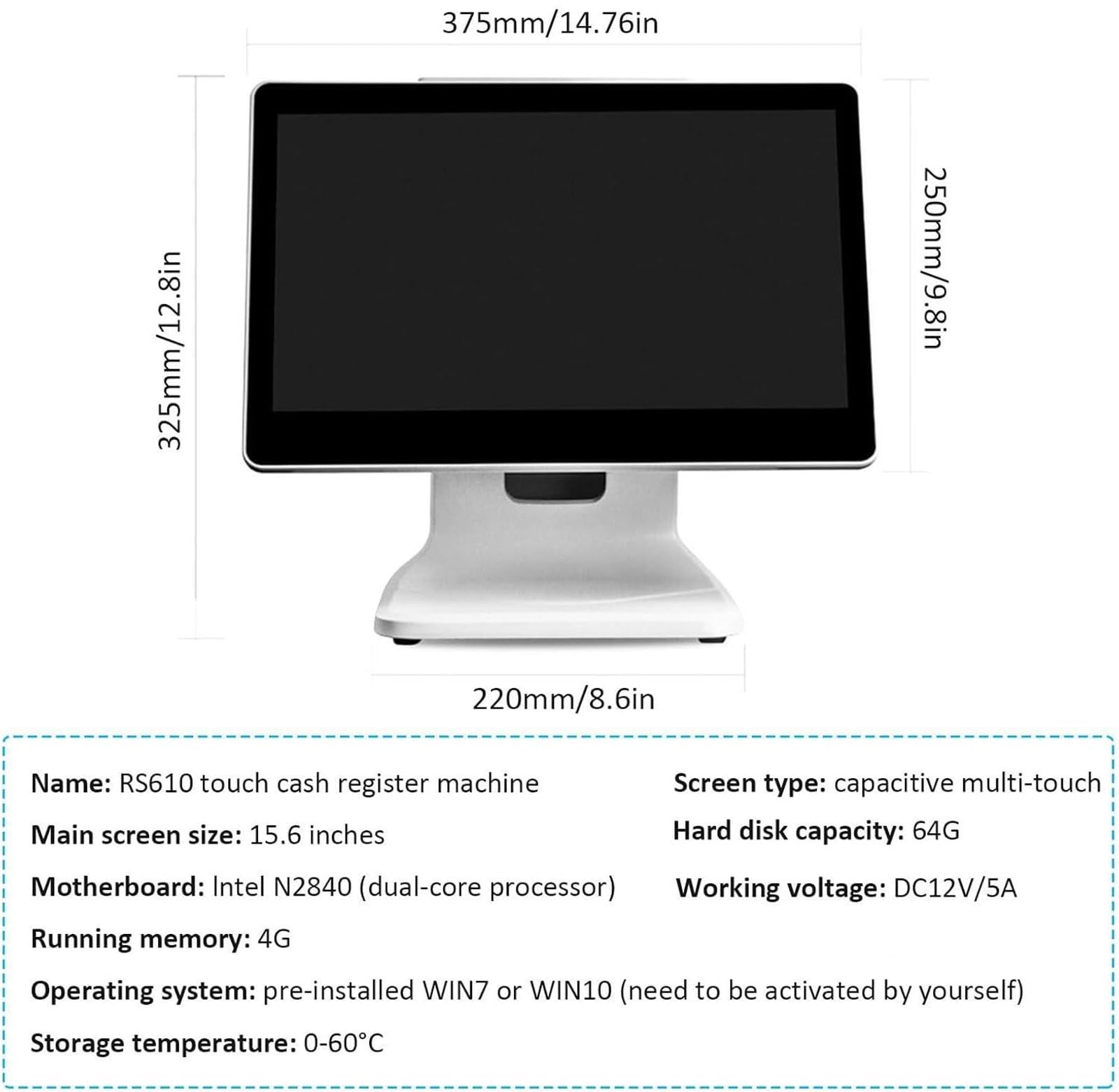 Monitor Registratore di Cassa Touch Screen, Registratore di Cassa per Piccole Imprese, Touch Screen da 15,6", Memoria: Registratore di Cassa all-in-One 4G, Angolazione Regolabile