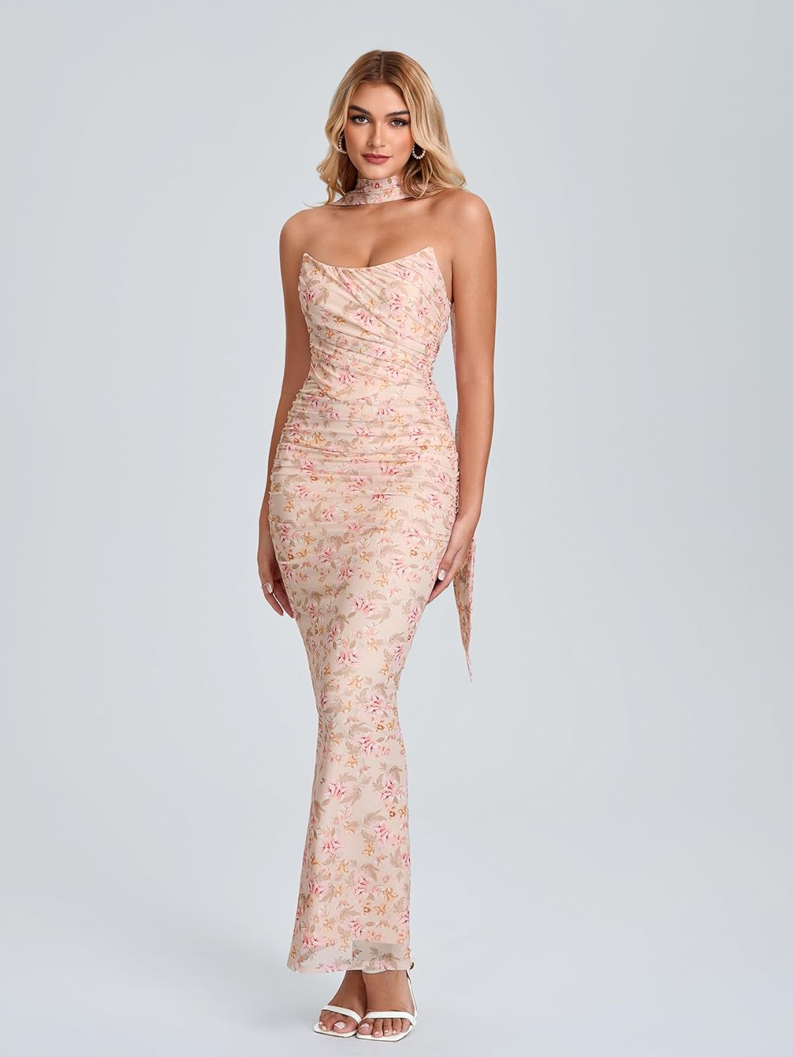 EYNMIN Corset Maxi Wedding Guest Dresses for Women with Scarf Strapless Tube Elegant Bodycon Ruched Mesh Long Formal Dress - Image 2