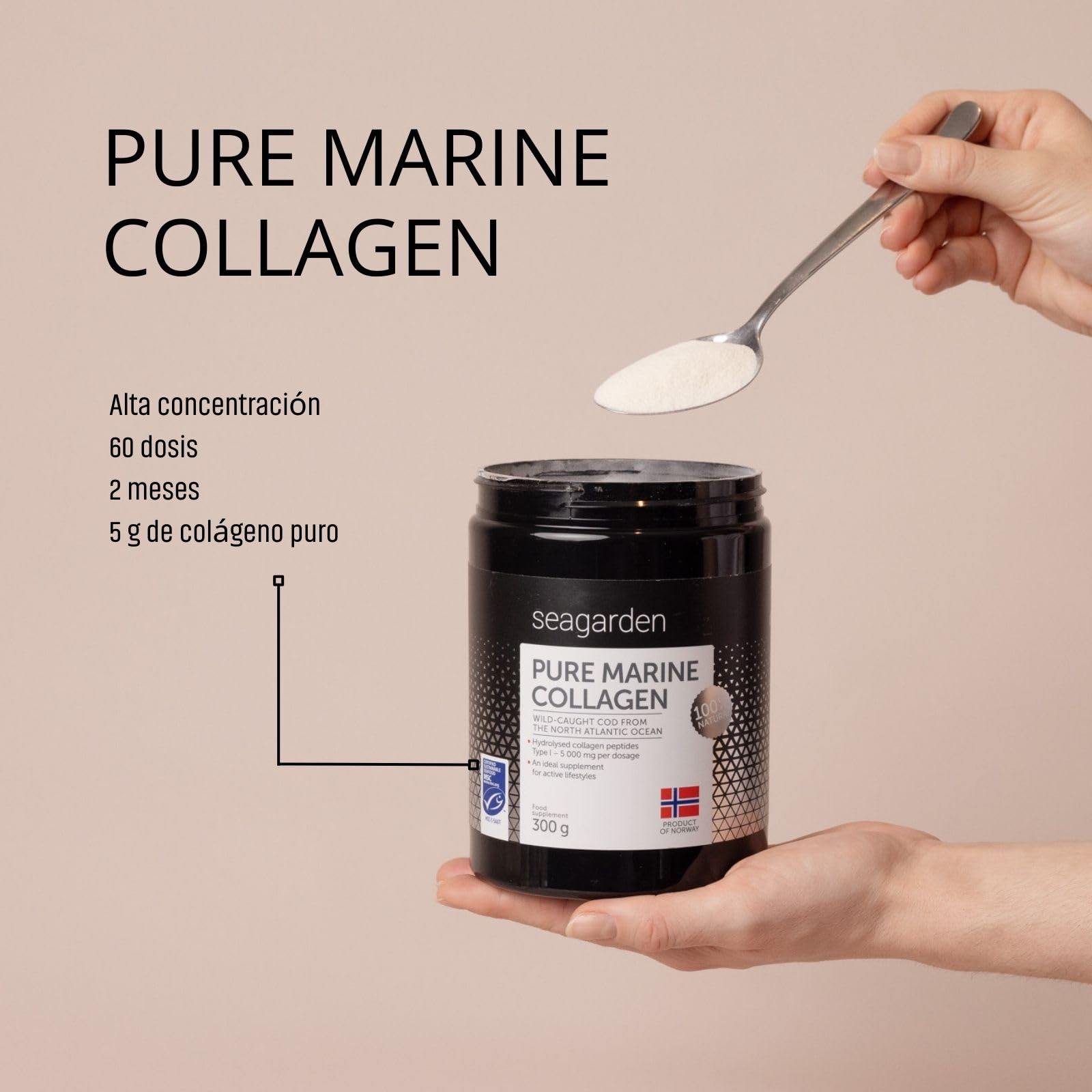 Seagarden Polvo de Colágeno Marino Puro 100% Noruego - Colágeno Hidrolizado Tipo I de Bacalao Ártico Salvaje, Para Piel, Cabello, Uñas, Tendones, Músculos - 300 g (2 Meses, Sin Sabor)