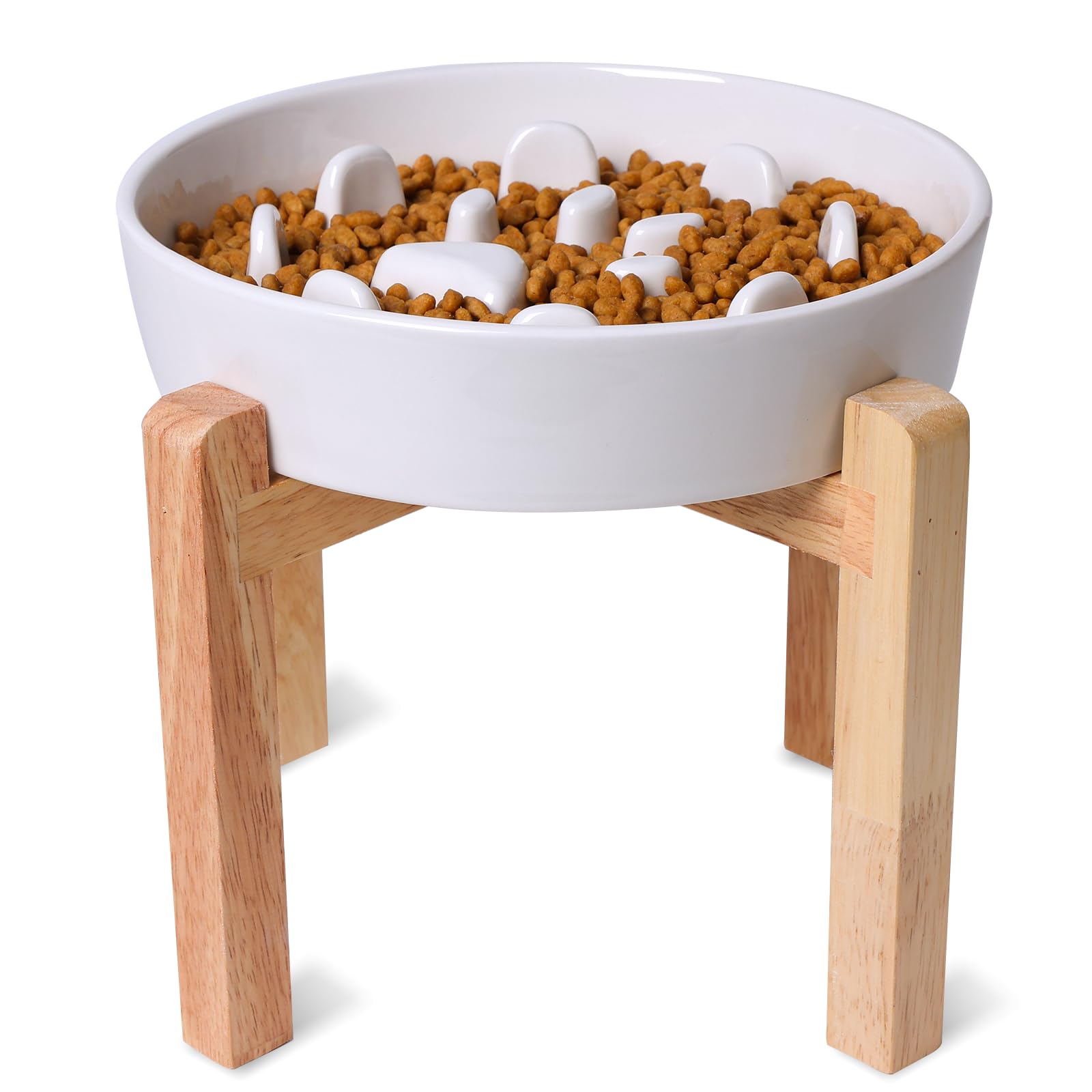 Dog Slow Feeder Bowl, Round Ceramic Pet Food Bowl for Medium Breed, Fun Raised Dog Bowls to Slow Down Eating (White, M-1.3 Cups+Stand)