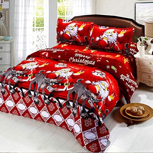 Oliven 4 Pieces 3D Christmas Bedding Set Queen Size Cartoon Santa Claus Duvet Cover Flat Sheet Standard Pillowcases-Red,Christmas Home Decor