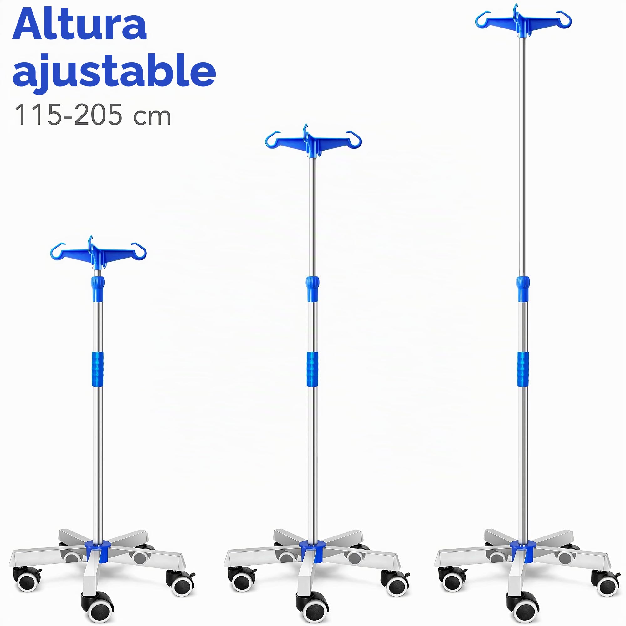 AIESI® Soporte Porta Sueros en ACERO INOXIDABLE con 4 ganchos de plástico y ruedas giratorias con freno, Gratis 2 portabotellas 100 ml, Garantía 24 meses