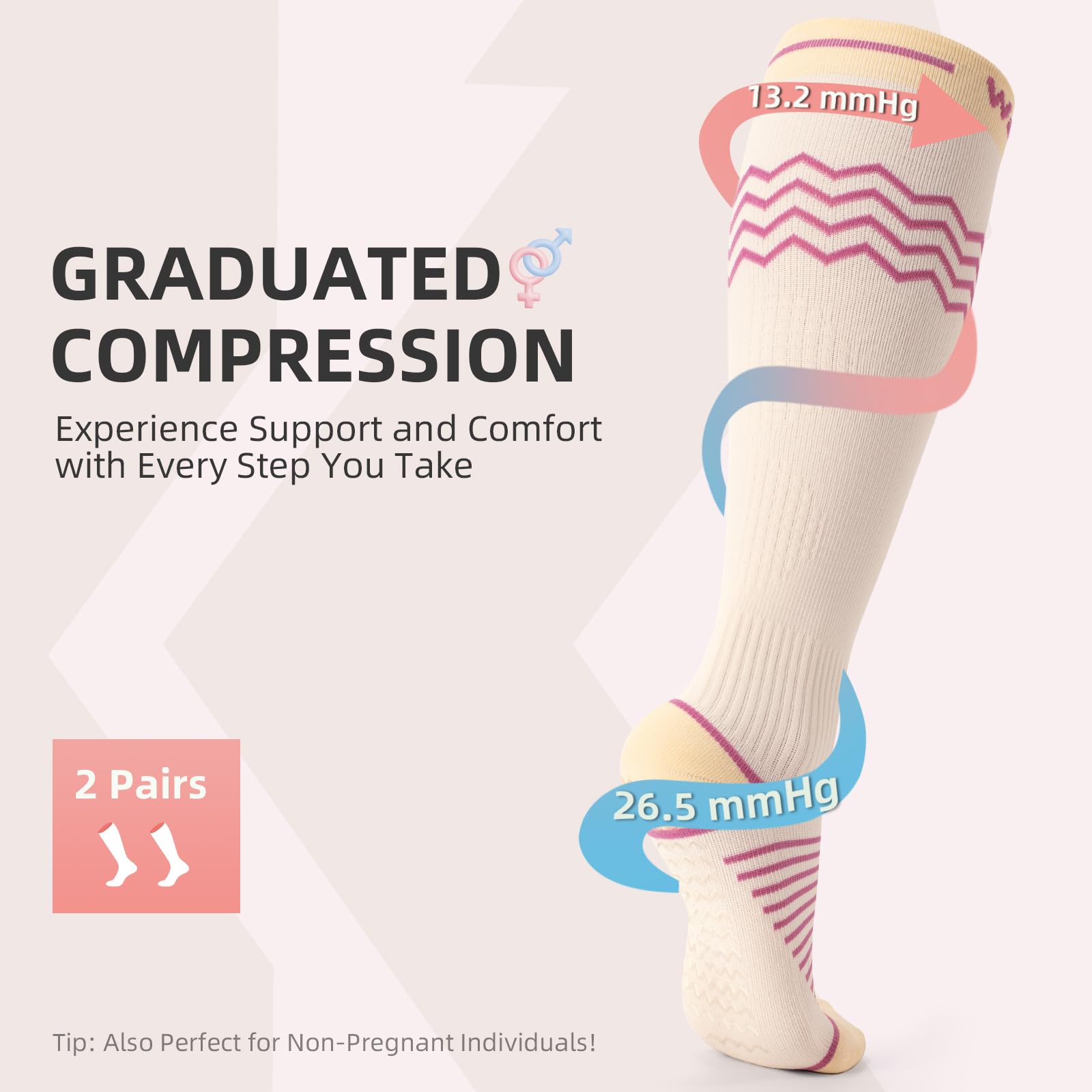 Wakefeet 2 Pairs Compression Socks for Women, Compression Stockings Pregnancy for Leg Discomfort, Fatigue, Soreness, Prolonged Sitting, Anti-slip