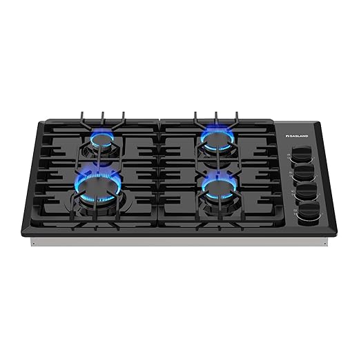 GASLAND Gas Cooktop Black 30 Inch, PRO GH2304ES 4 Italy Sabaf Sealed Burner Gas Stovetop, 3.9 ft Cord Plug, Heavy Duty Cast Iron Grates with Metal Knobs, 28,300 BTU NG/LPG Convertible