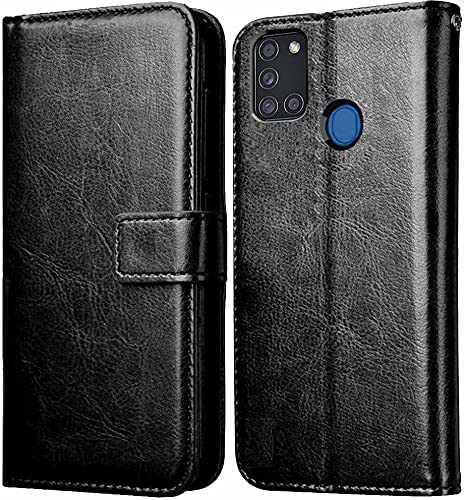 Image of Bintage Artificial Leather Plastic Flip Cover Compatible Model for Samsung Galaxy A21s -SM-A217F - Black