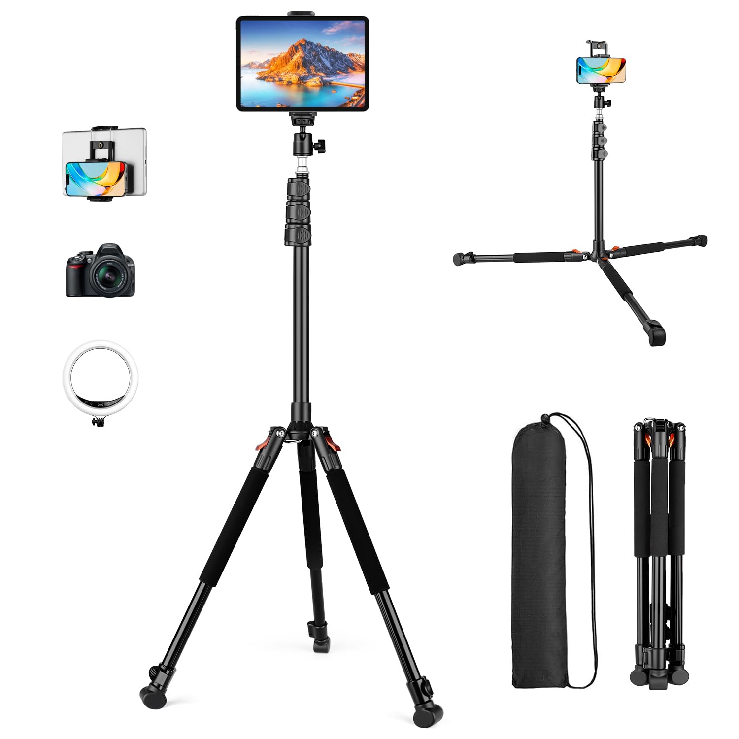 Nineigh 200CM Support de Trepied pour Tablette, Support pour Tablette Réglable en Hauteur Rotation à 360°, Pliable Trépied pour Smartphone, iPad Pro 9.7"/10.5" /11", Mini, Air, DSLR, Nikon Caméra