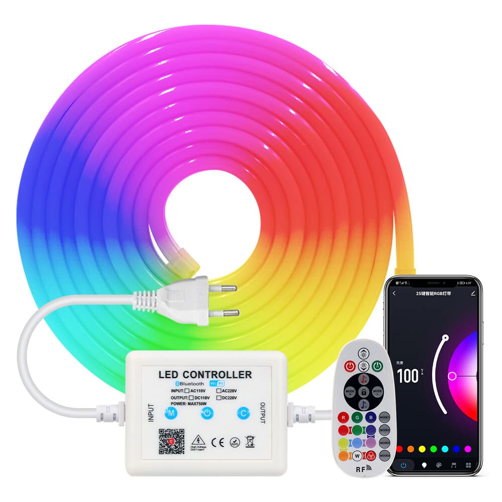 RGB Neon LED Streifen, 220V 5050 Silikon IP65 Wasserdicht WiFi Flexible Neon LED Light, mit APP Steuerung, Sync mit Musik Rhythmus (10M)