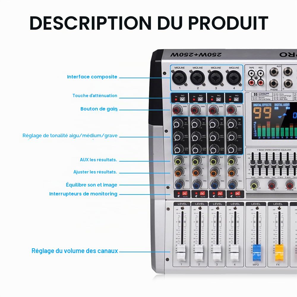 VR-6 PRO Table de mixage audio - Amplificateur de sortie haute puissance 550W x 2, 99 effets DSP, Console DJ audio Bluetooth, Grand écran spectre affichage, Tuner DJ à réduction intelligente