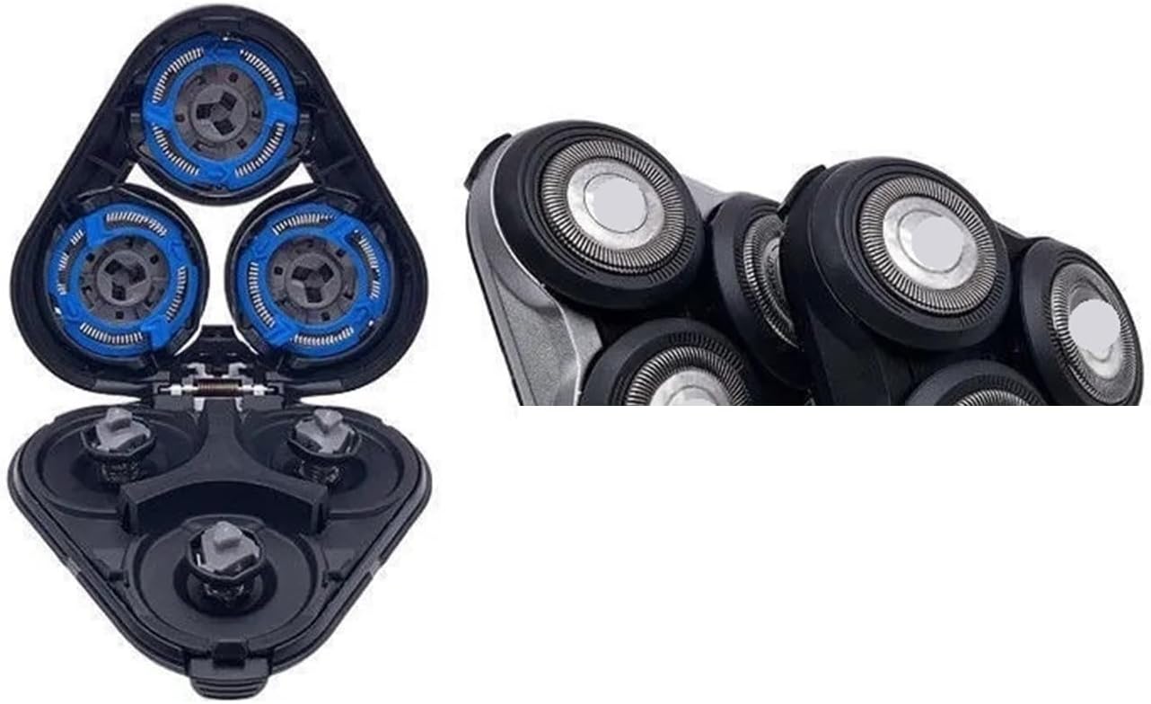 The shaver head opened, revealing internal blue components, alongside a side view of the assembled head.