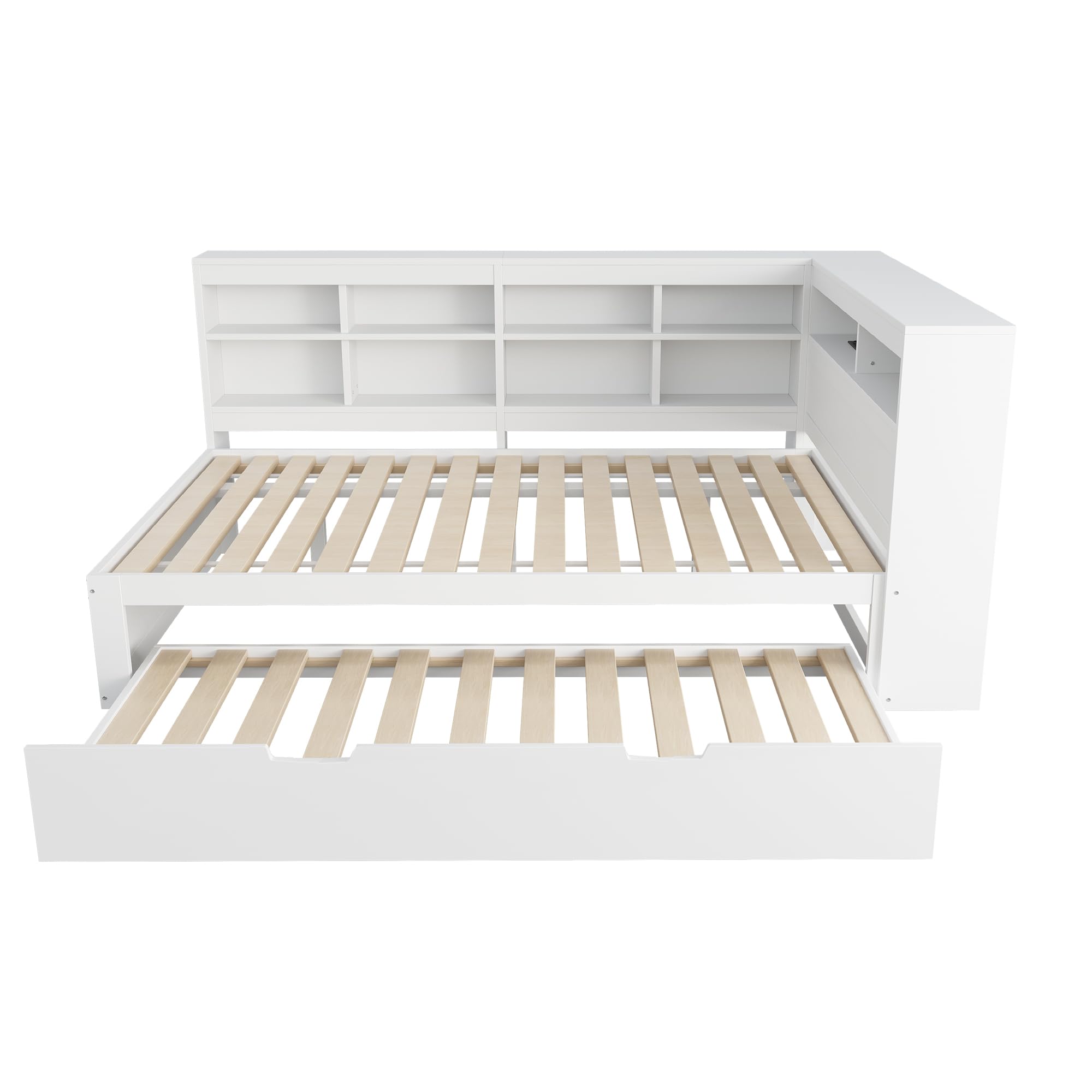 Merax Kinderbett 140 x 200 cm mit USB-Buchse, Jugendbett mit Ausziehbarem Bett 90x190 cm und Stauraum, für Kinder & Jugend, Massivholz, Weiß (Ohne Matratze)