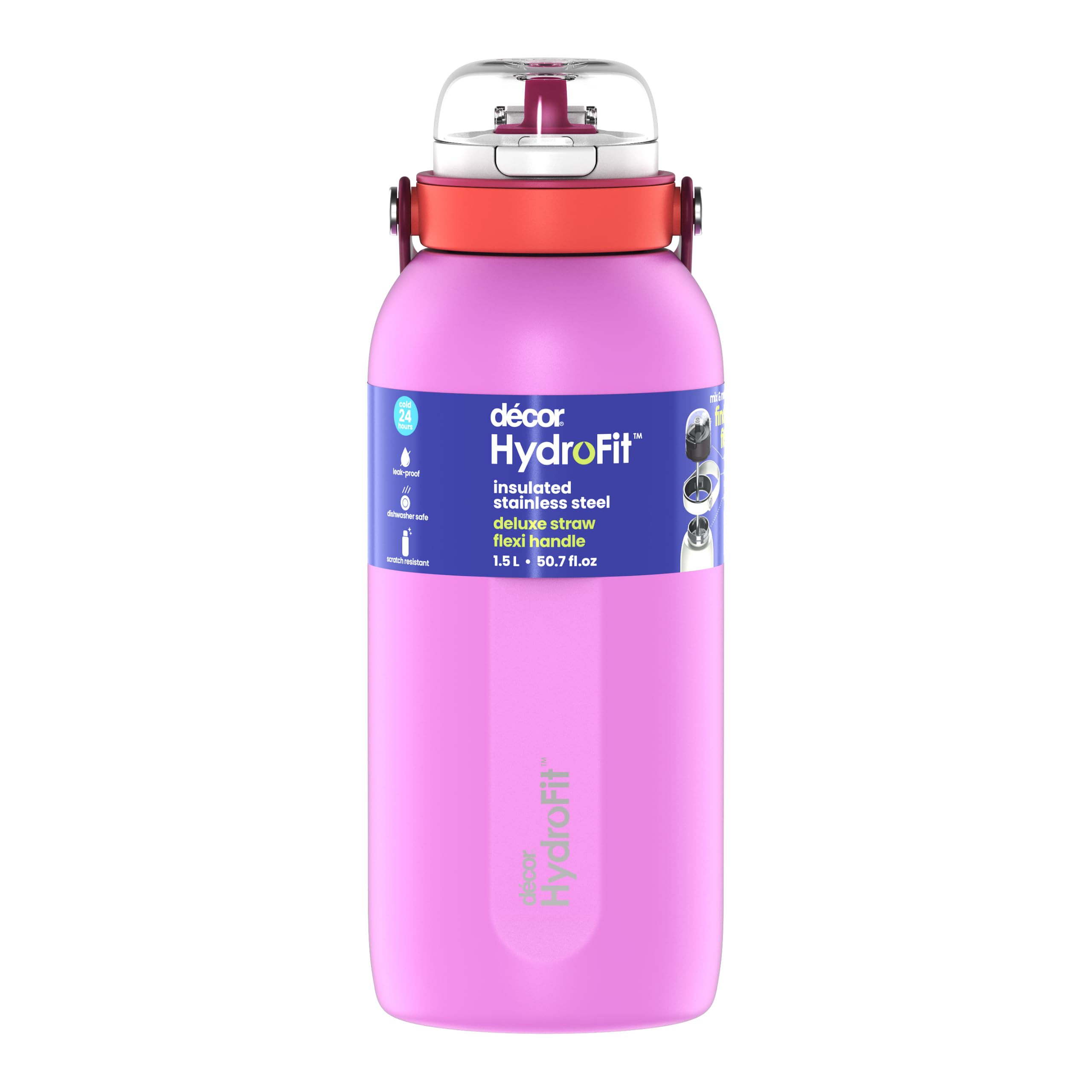 Décor Hydrofit Deluxe Sip Wasserflasche aus Edelstahl, doppelwandig, mit Silikonausguss, flexibler Griff, 1,5 l