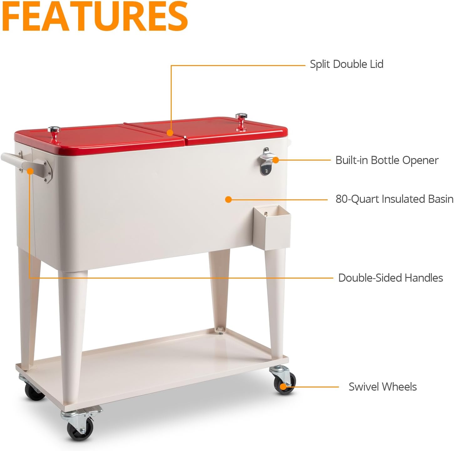 80 Quart Outdoor Rolling Cooler Cart Portable Bar Drink Trolley Outdoor Patio Cooler with Catch Tray,Drain Plug,Bottle Opener,Locking Wheels for Party BBQ Beach Activities Tailgating