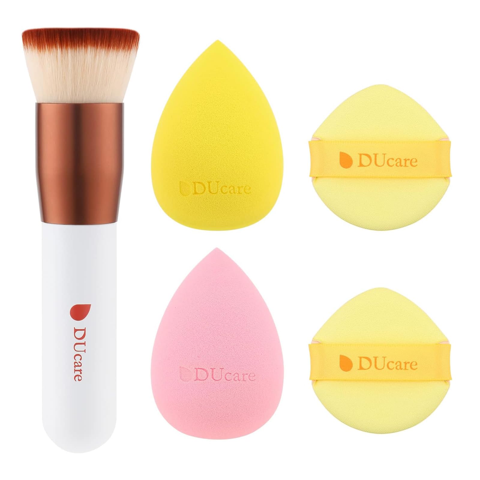 DUcare Foundation Brush 1 pieza y esponja de maquillaje 2 piezas y Soplo de Polvo 2 piezas, brocha de maquillaje sintética Flat Top Kabuki Brush, adecuada para líquidos, cremas y polvos
