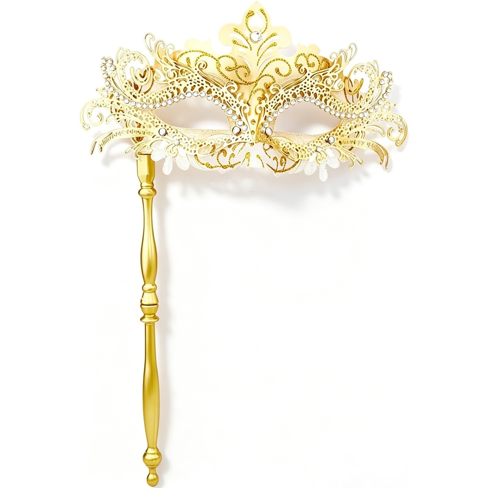 QhgPnt 1-Piece Gold Masquerade Mask for Women with Detachable Stick, Venetian Mardi Gras Costume Accessory, Mardi Gras Mask Party Accessory for Halloween Carnival Festival Costumes Parties