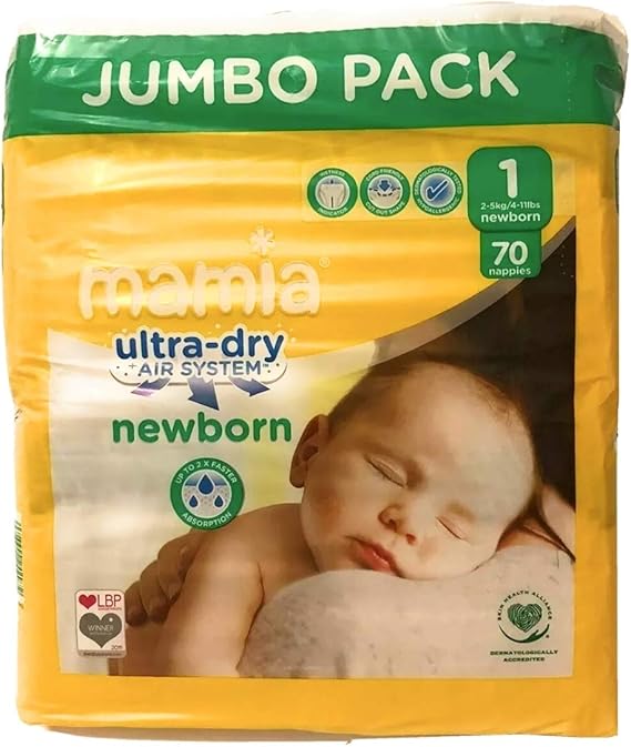 ALDI Mamia Newborn Nappies, Size 1, Jumbo Pack (70 Nappies), Ultra Dry Air System Amazon.co.uk