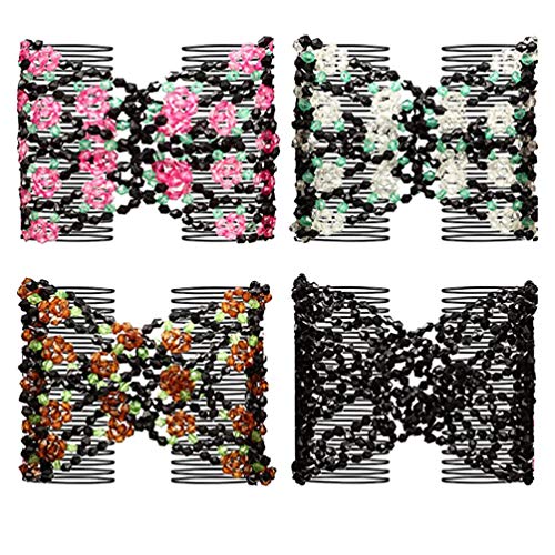 LEORX 4pcs Beads Hair Comb Beautiful Flower Hair Comb Clip Decorative Stretch Hair Comb for Women