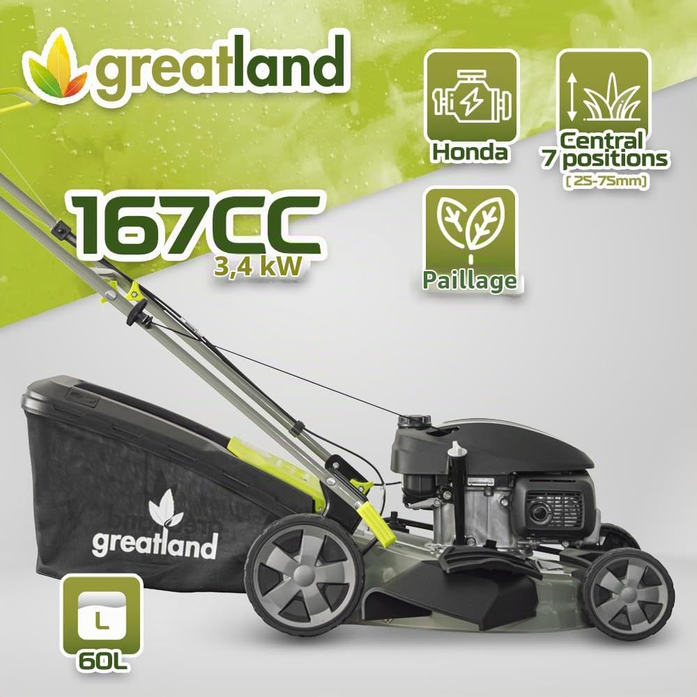 Tondeuse Thermique tractée 167CC avec Moteur Honda, Mulching et éjection latérale