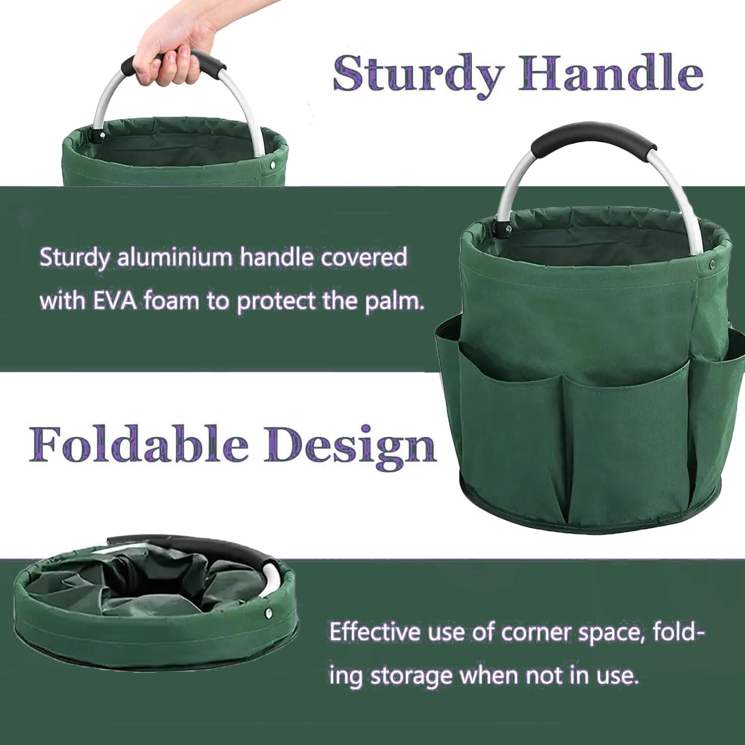 Contenitore per la Pulizie con Manico - Pieghevole, Borsa per Attrezzi da Giardino, con 6 Tasche Esterne, per Kit di Attrezzi da Giardino, Accessori per la Pulizia, Casa, Verde