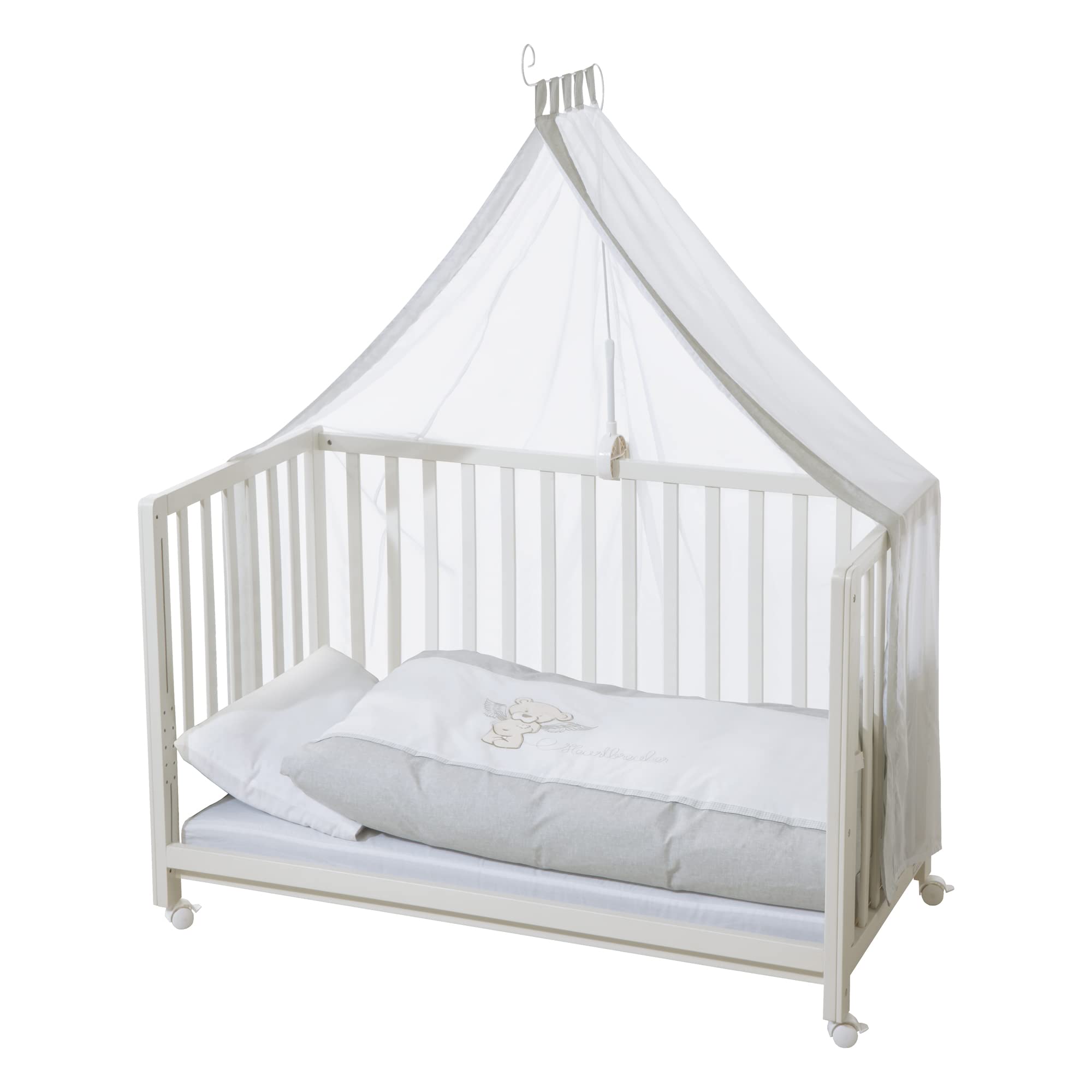 roba Lettino Co-Sleeping Heartbreaker, per Neonati e Bambini, 60 x 120 cm, Biancheria per Lettino Inclusa, si Aggancia al Letto dei Genitori, 6 Altezze Regolabili, Legno Laccato Bianco
