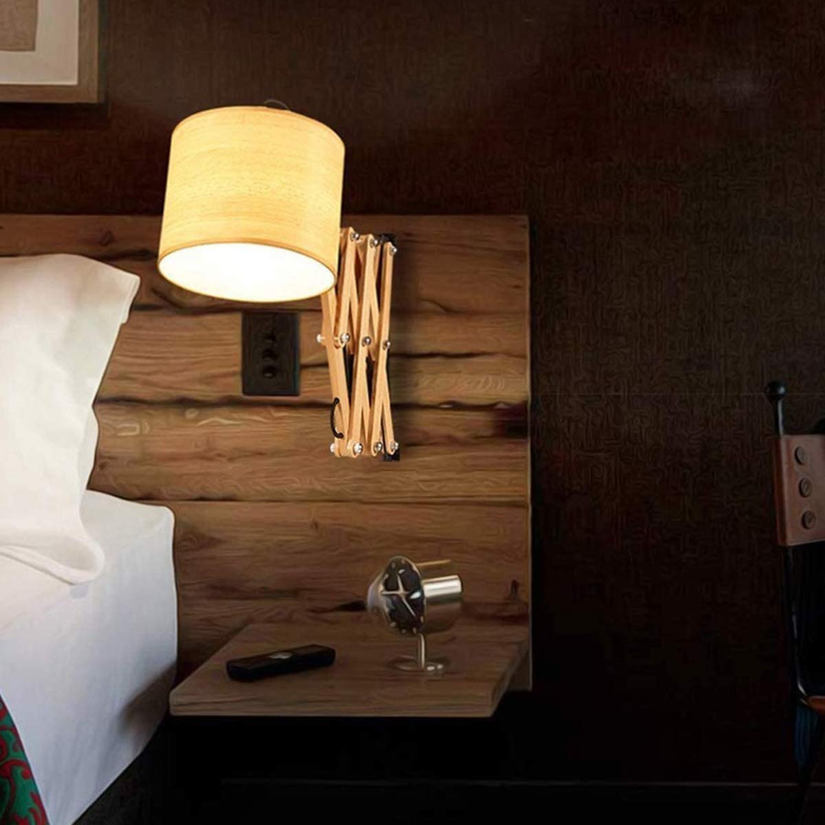 Wandlampen Innen Holz Wandlampe mit Schalter und 1,5m Netzkabel Vintage Scherenlampe Ausziehbar Nachttischlampe Flexible Leselampe Wandleuchte Schlafzimmer Bettlampe E27 Handgearbeitet Stoff Schirm