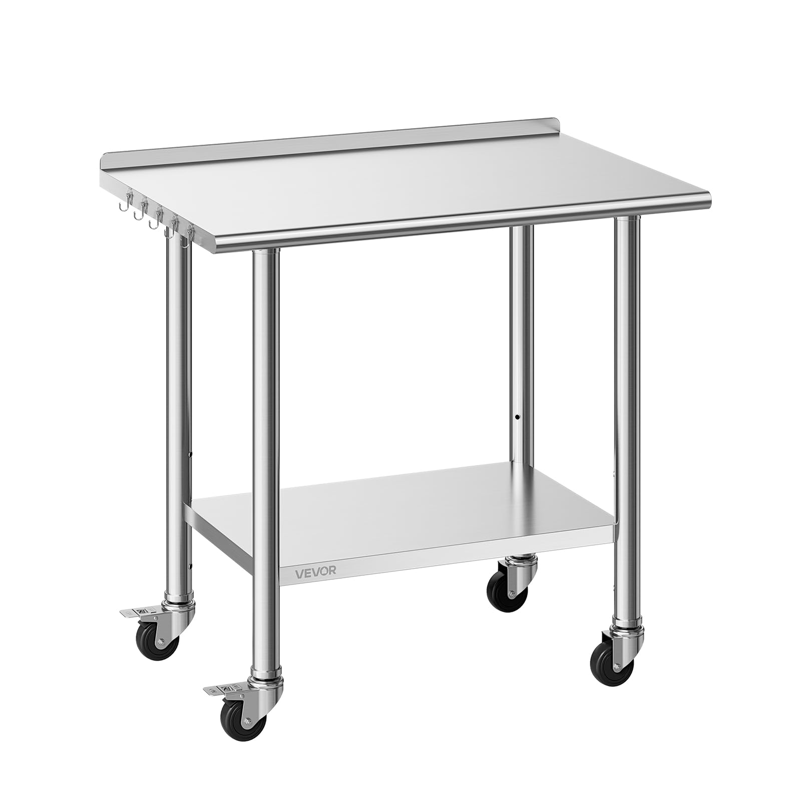 VEVOR Mesa de Trabajo de Acero Inoxidable 2 Niveles, Mesa de Preparación con Ruedas 91,5 x 61 x 89,4 cm, Estante Inferior Ajustable, Protector contra Salpicaduras, para Restaurantes, Bares, Hoteles