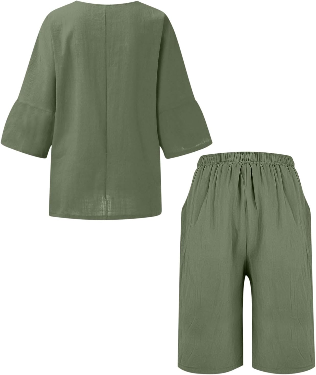 Womens Plus Size Capri Sets 2 Piece Outfits Summer Cotton Linen 3/4 Sleeve Side Slit Tops Cropped Pants with Pockets - Image 5