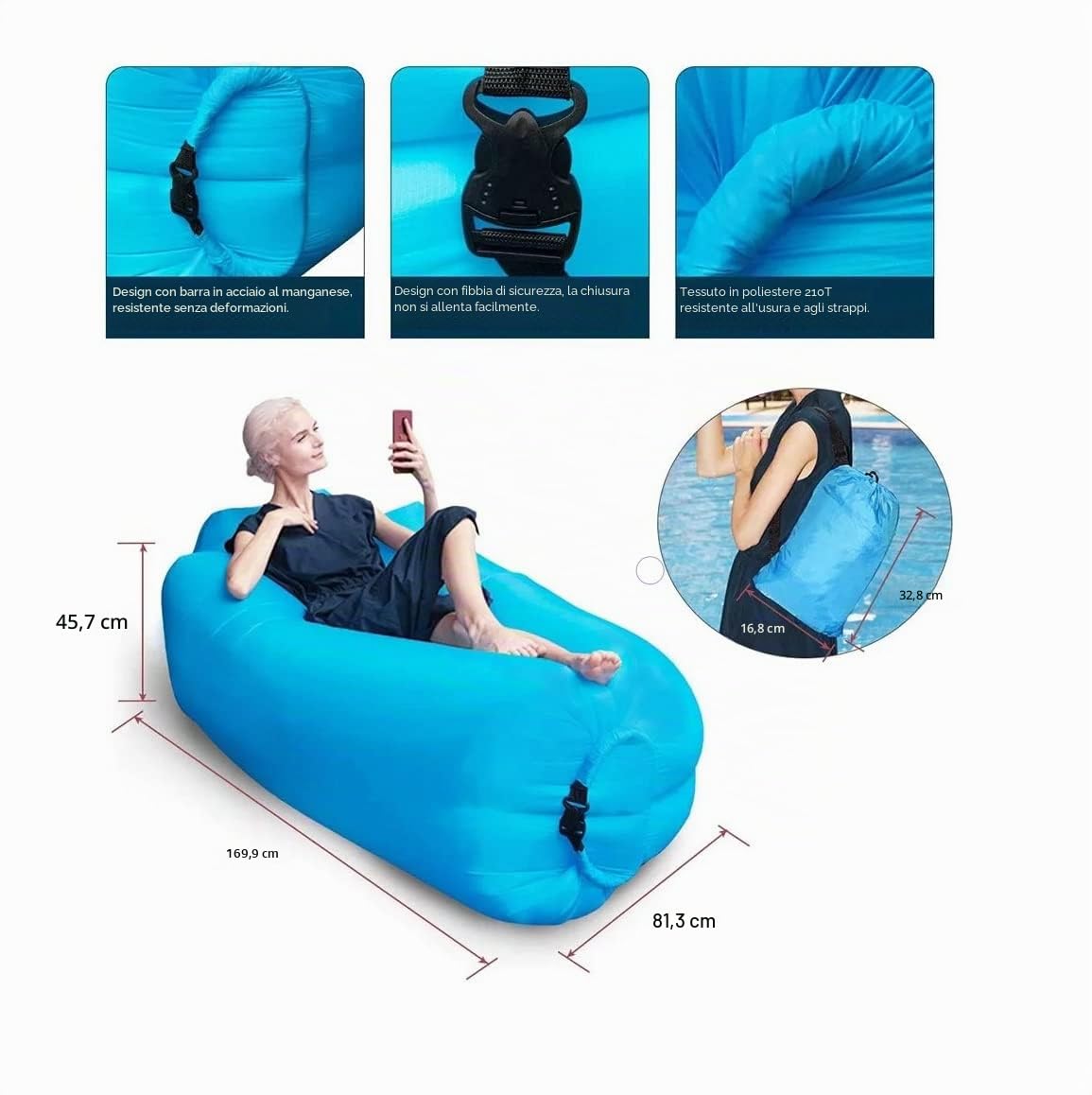 Divano Lettino da Spiaggia Gonfiabile, 200 * 70cm Sedia Gonfiabile Spiaggia, Sdraio Gonfiabile ad Aria, Poltrona Gonfiabile da Esterno, per Campeggio, Feste in Piscina (Blu cielo)