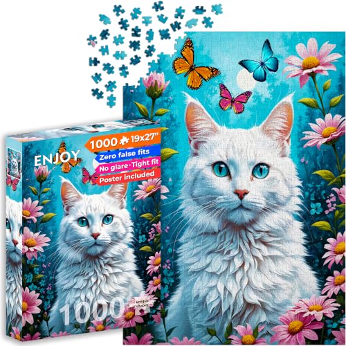1000 Piece Jigsaw Puzzle for Adults - White Cat in Flower Garden, Kitten & Butterflies | Matte Anti-Glare Finish | Fun & Challenging Puzzle | 27x19 in | Unique Gift | Enjoy - image 1
